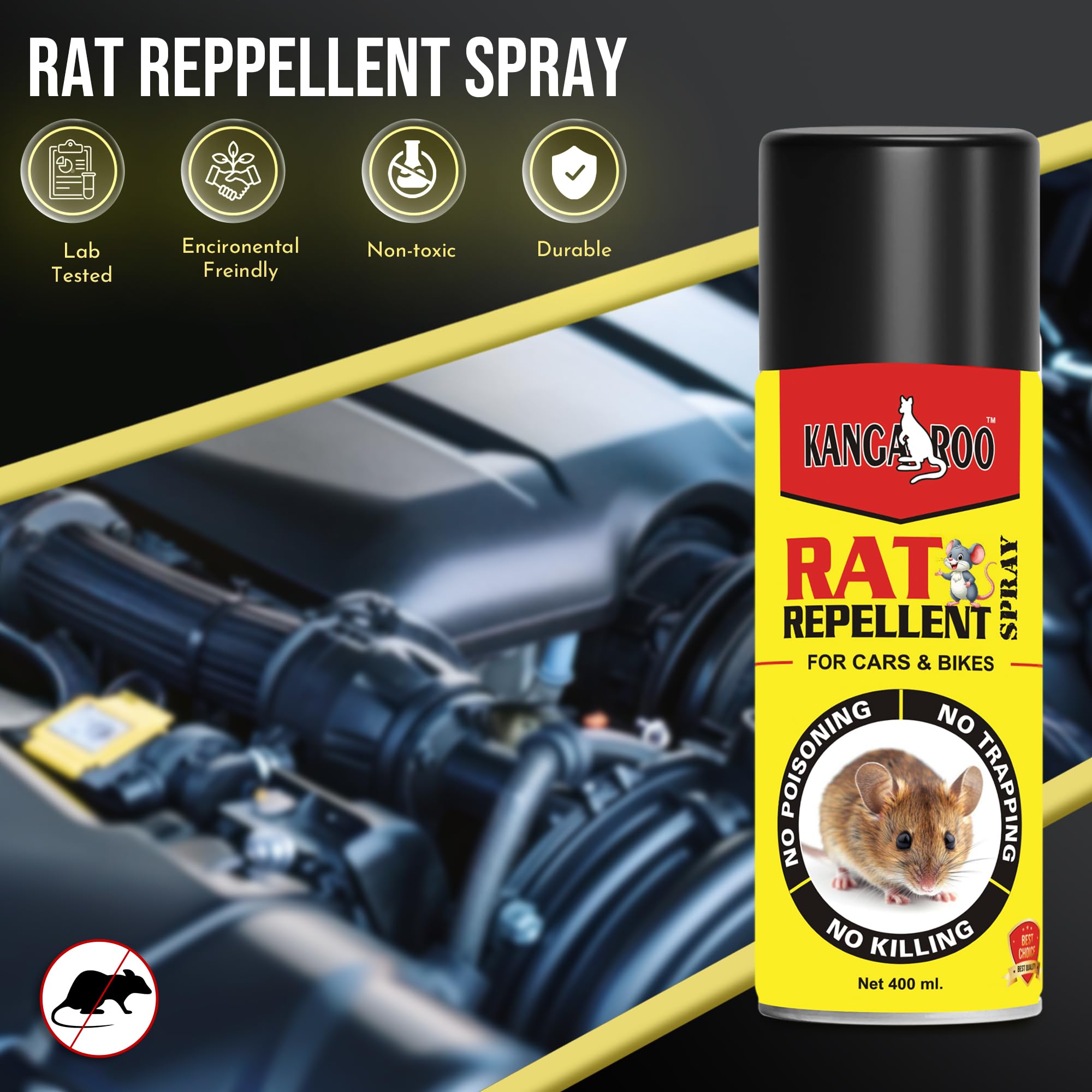 Kangaroo Rat Repellent Spray 400 ml for Cars Highly Effective with and Powerful Protection from Rats, Spray Protect Wires in Car, Bike | Camphor Fragrance | Non Toxic | No Kill Only Repels | 60 Days Protection (400 ml (Pack of 1) - Image 7 thumbnail