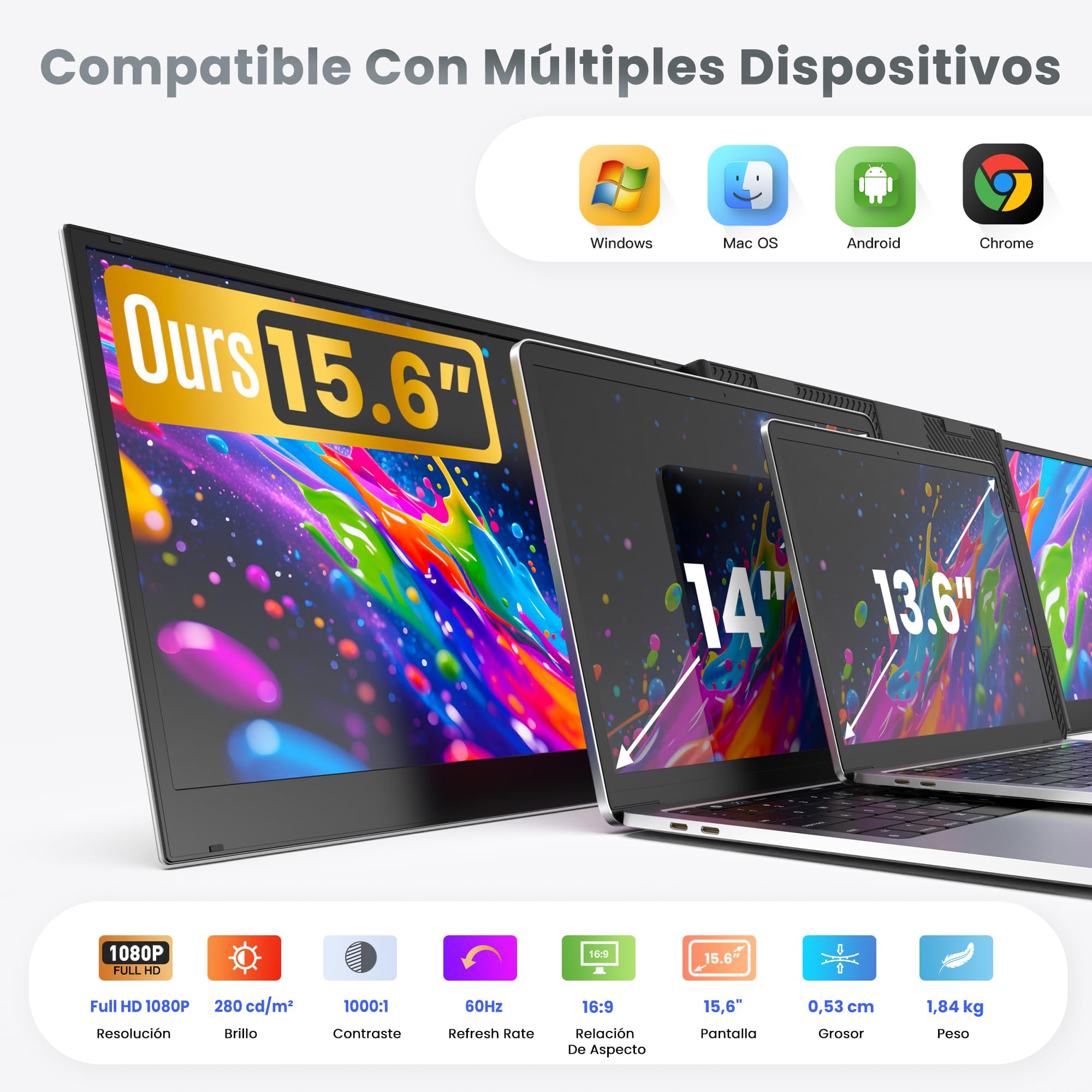 Kwumsy Monitor Portátil 15,6 Pulgadas, Triple Pantalla para Portátil, Plug & Play con un Solo Cable USB-C, Extensor de Pantalla FHD 1080P IPS, Compatible con Portátiles de 13 a 17,3", Mac y Windows