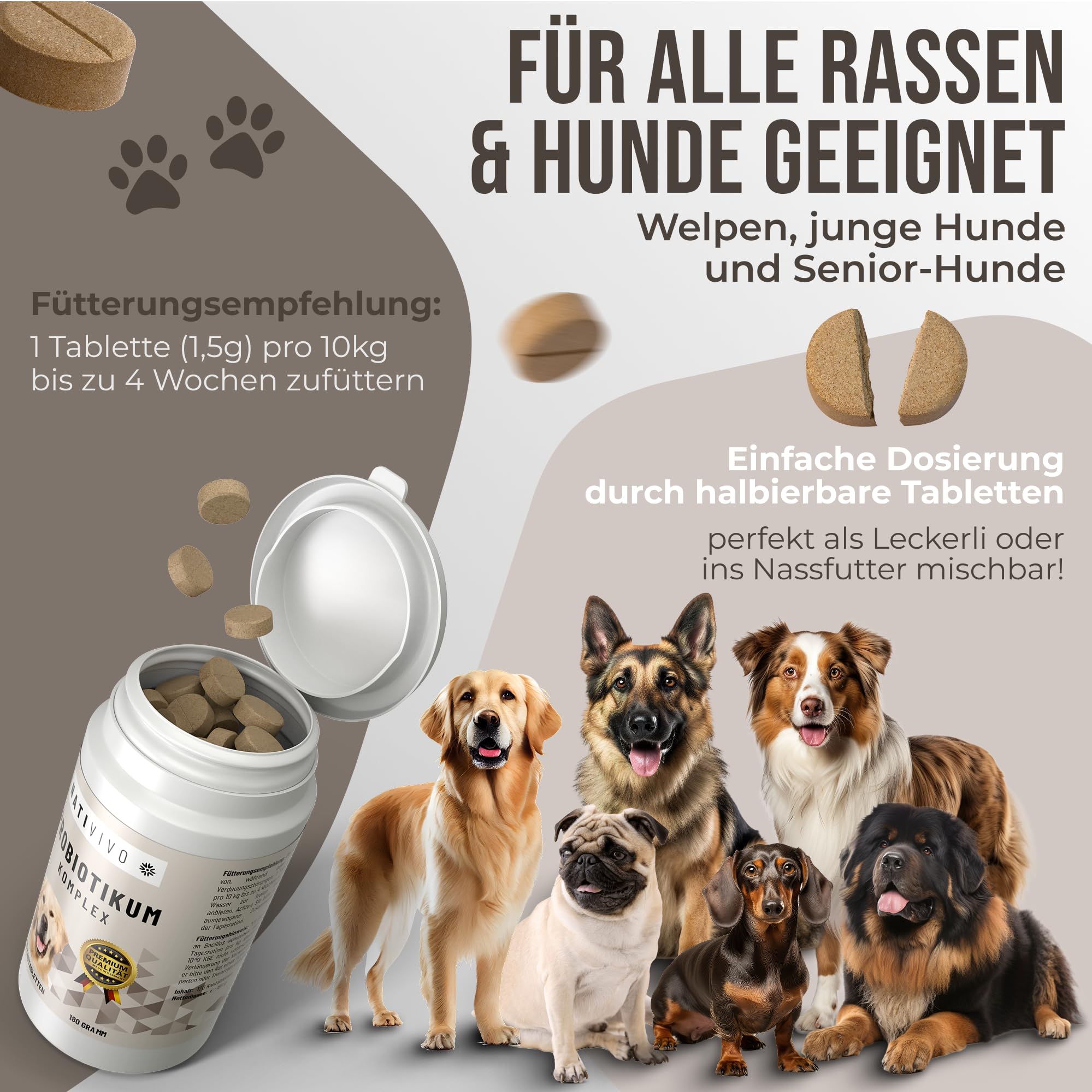 Probiotikum Komplex - Probiotika Darmkur Dia Tabs unterstützend bei Sodbrennen & Durchfall. Unterstützt das Immunsystem, die Verdauung, Darmflora & Darmsanierung bei Hunden. Made in Germany