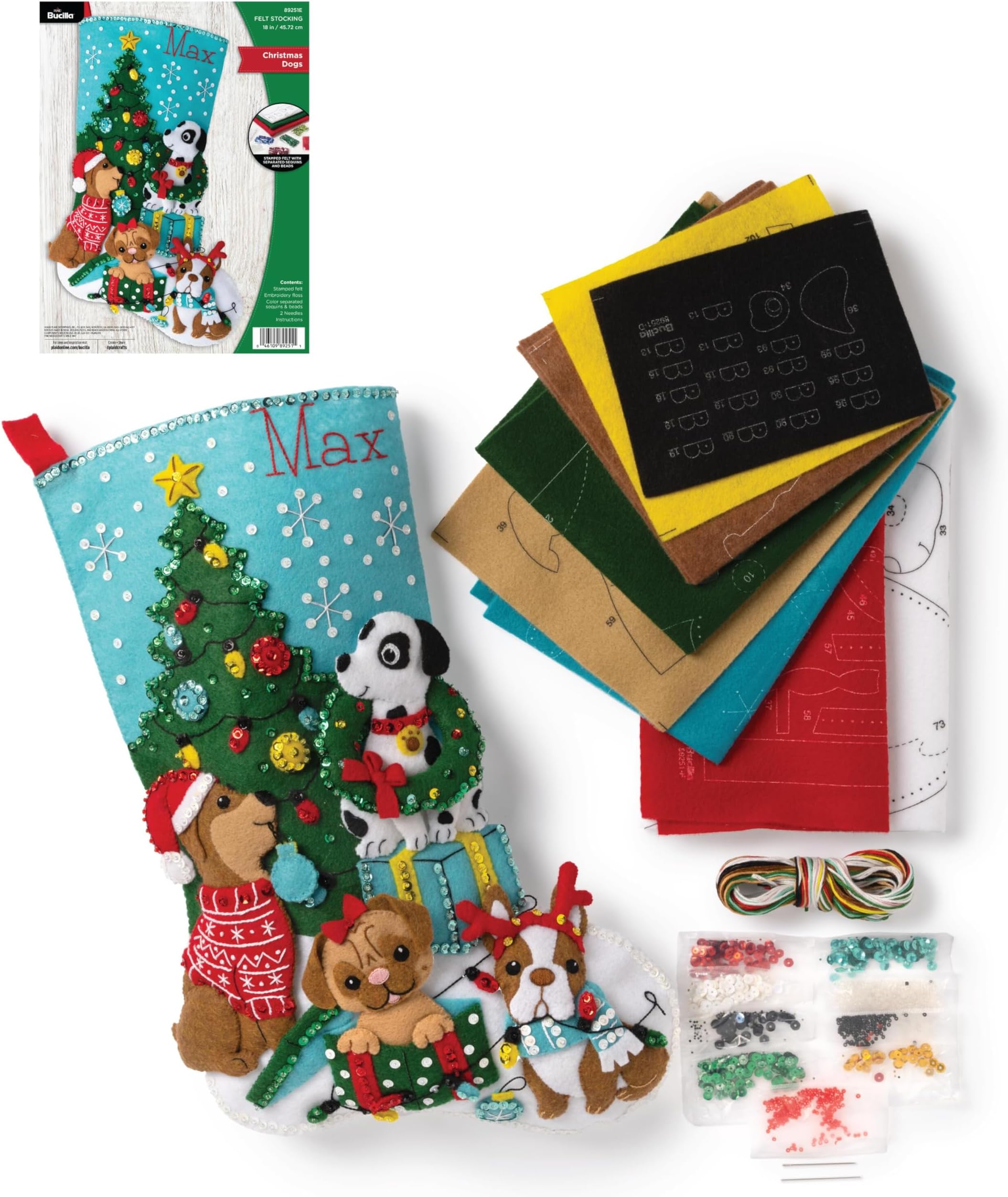 89251E Felt Applique Stocking Kit, Christmas Dogs, 18", Cotton, Multicolor