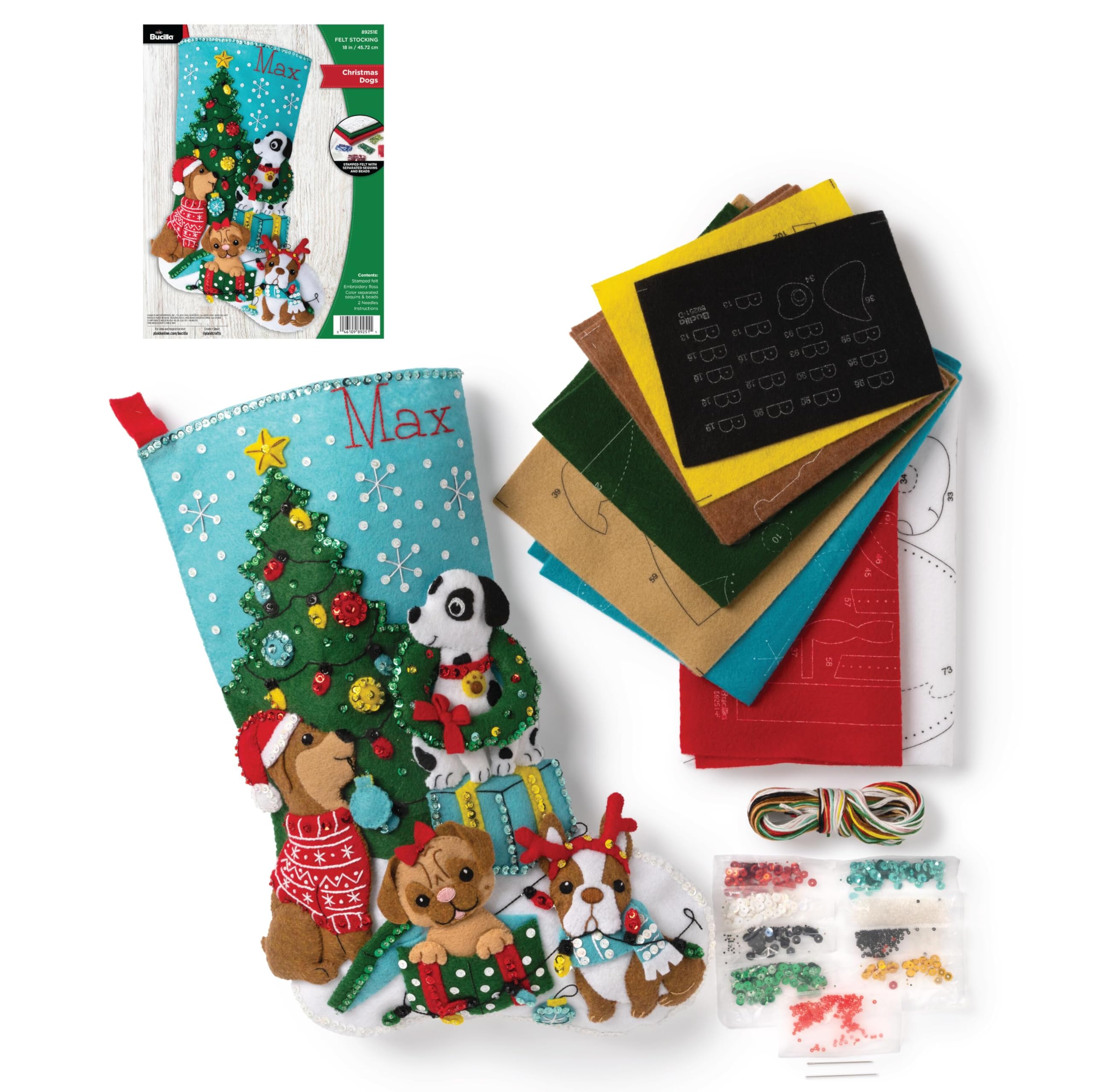 89251E Felt Applique Stocking Kit, Christmas Dogs, 18", Cotton, Multicolor