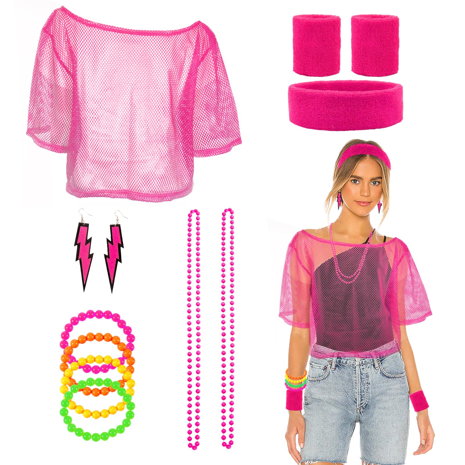 Kakamanon 80s Fancy Dress for Women Girls 80s Costume Outfits Accessories Set for Girls Fishnet Top Fishnet Gloves Necklace Earrings Bracelet Headband Scrunchies for Retro Theme Party Cosplay