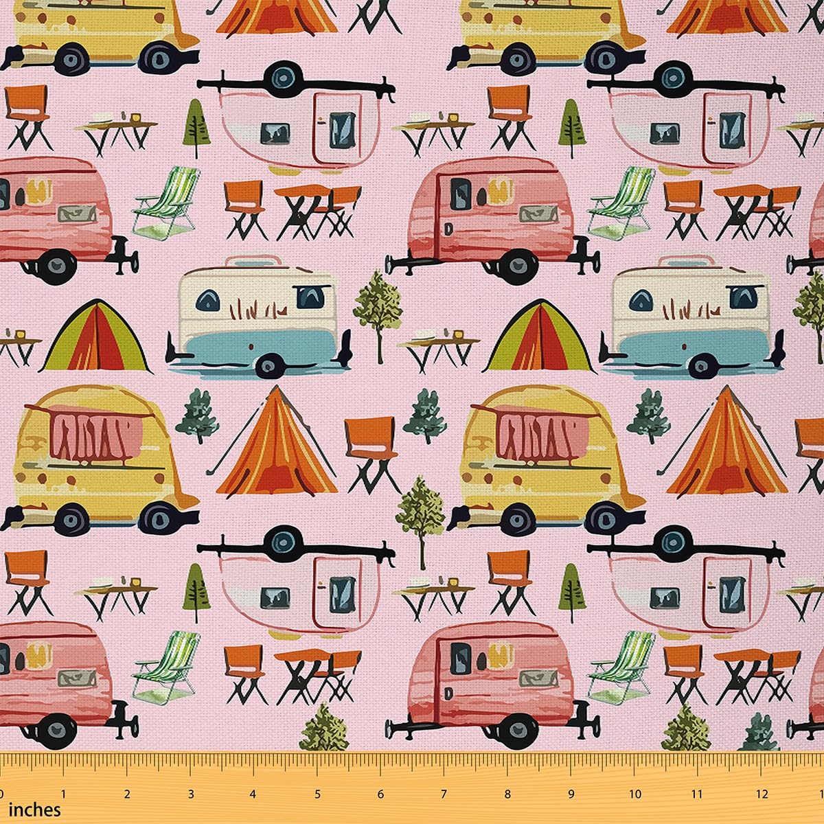Homemissing Happy Camping - Tessuto per camper, 276 x 150 cm, per patchwork, trapuntatura fatta a mano, per tappezzeria, camper, campeggio, tappezzeria, auto con cartoni animati
