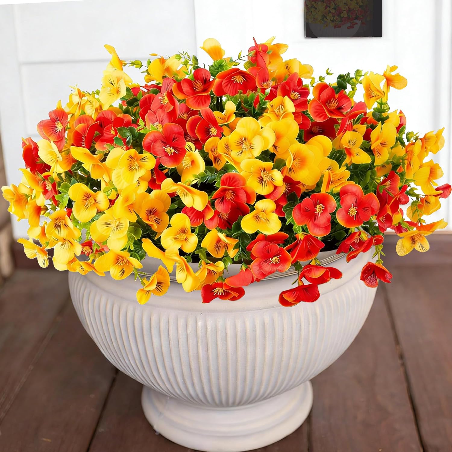 Ivydale Artificial Pansies Faux Flowers Plants for Outdoor Decoration, 12 Bundles Fake Pansy for Outside UV Resistant Silk Flowers Bouquets with Eucalyptus for Planter Front Door Porch Patio Yard