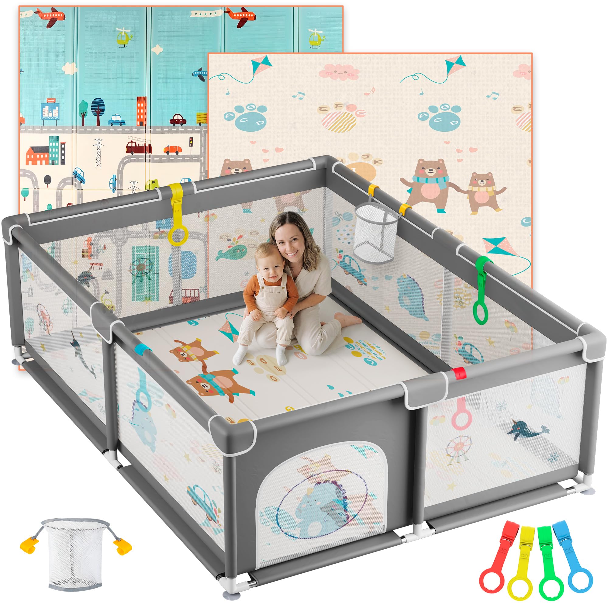 JUPPLIES Parque Infantil Bebe 150x180cm + Alfombra Bebe + Agarraderas + Canasta – Corralito Bebe con Malla Transpirable – Parque de Juegos Bebe Plegable con Puerta Lateral – Playpen Bebe - Gris