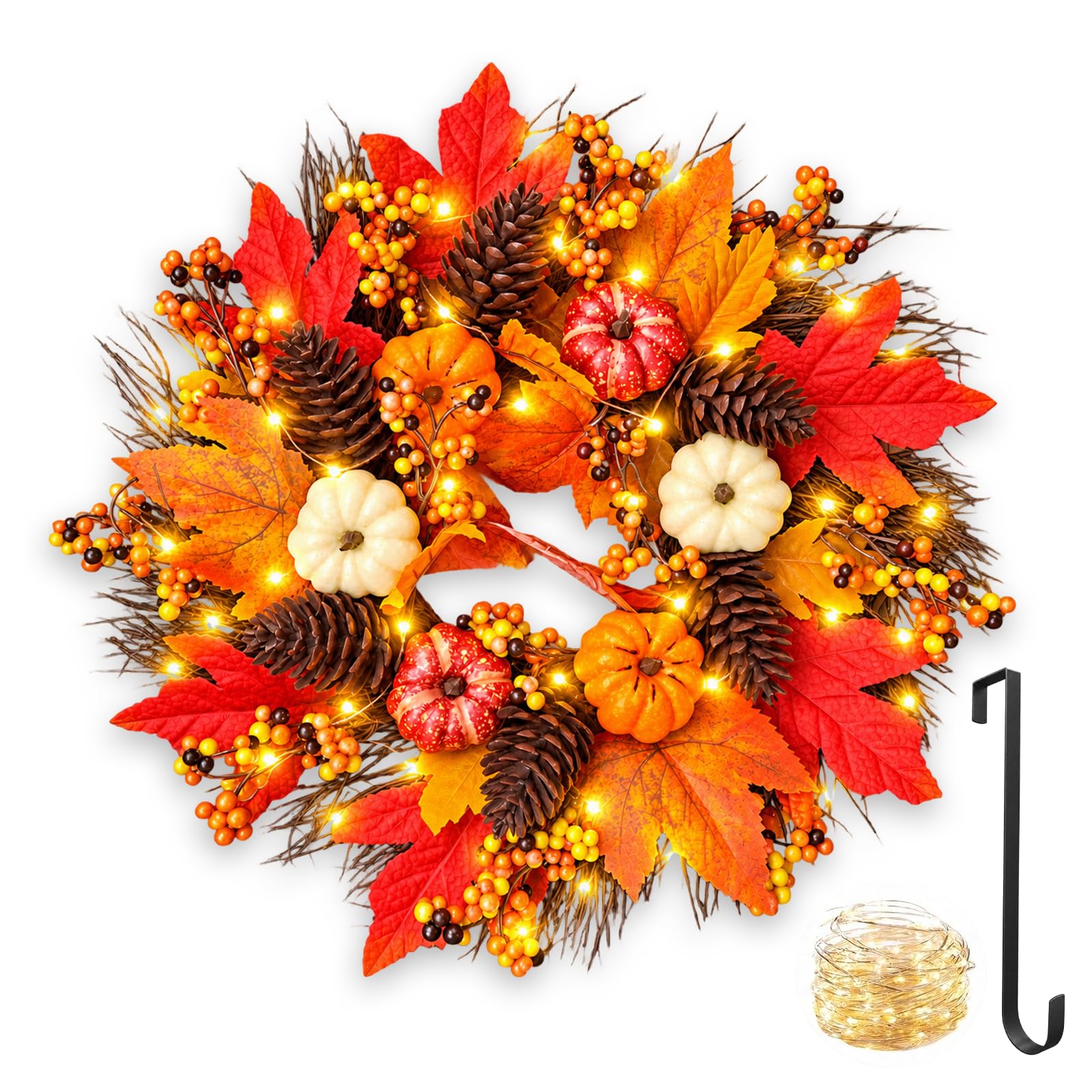 Autumn Wreath Halloween Wreath 45cm, LED Light Artificial Harvest Wreath