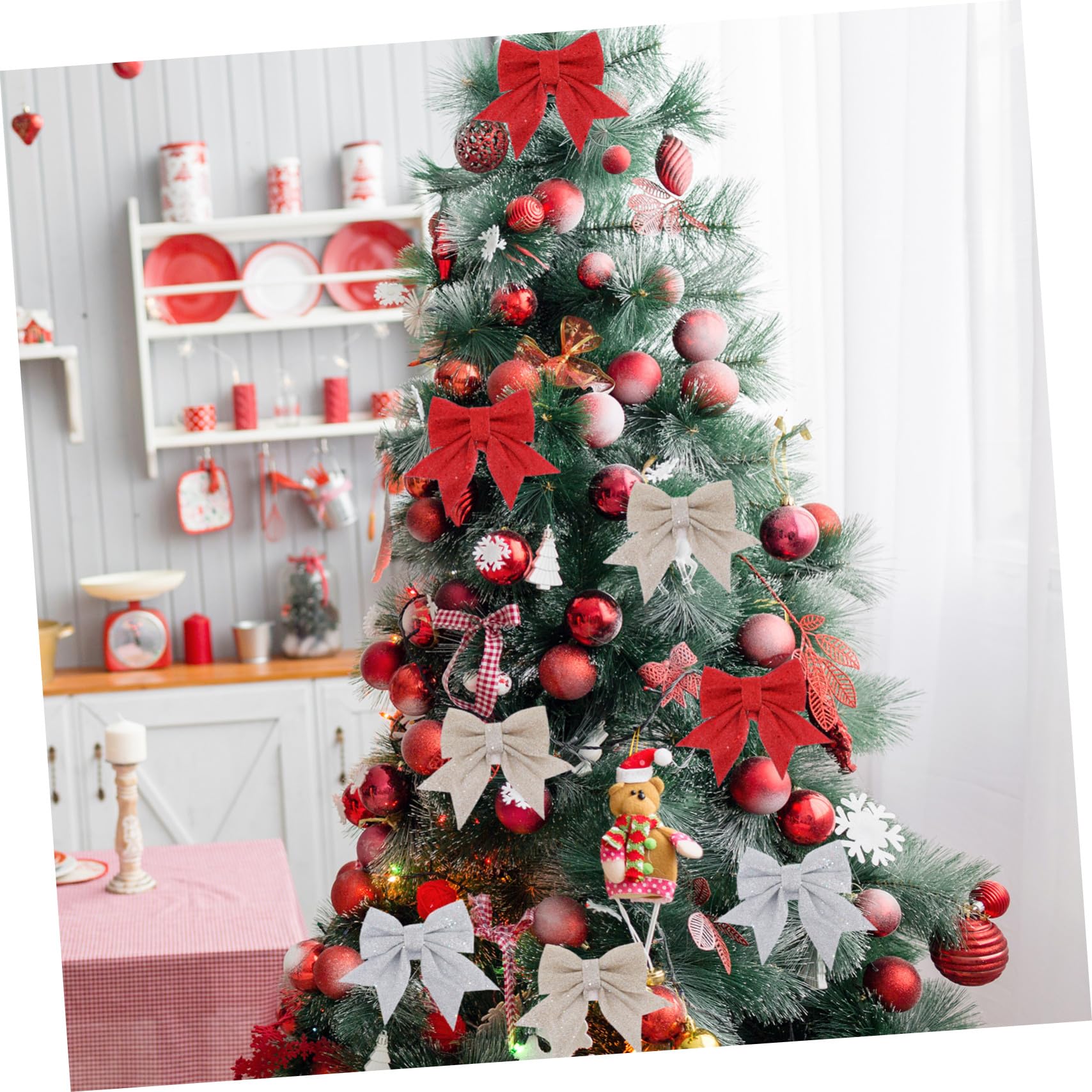 DOITOOL 6 Piezas Colgantes de Navidad Lazos Delicados Adornos para Árboles de Navidad Decoraciones de Lentejuelas para Lazo