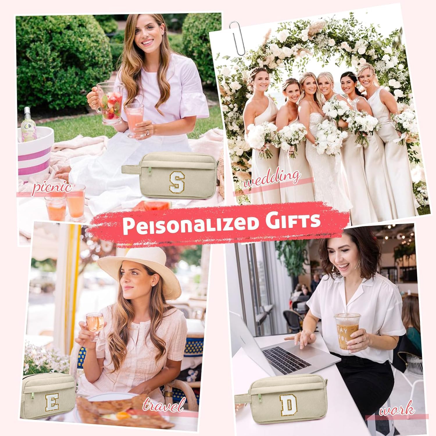 Neceser Maquillaje Mujer Personalizado Inicial, Bolsa de Cosméticos de Viaje, Gran Capacidad Neceser de Maquillaje de Pana, Regalo Cumpleaños Navidad para Mujeres Novias Mejores Amigas, Beige S — view 4