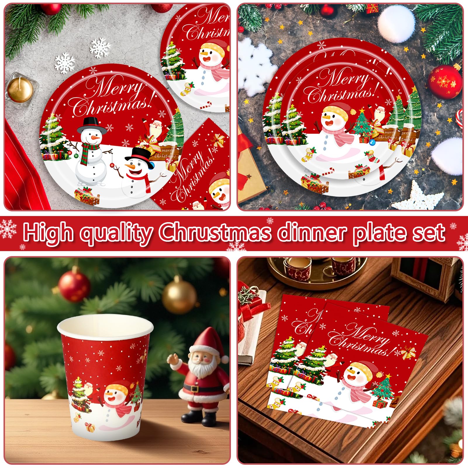 Stoviglie Di Carta Per Feste Di Natale - Set Completo Per 24 Ospiti, Con Piatti, Bicchieri E Tovaglioli - Decorazioni Natalizie Riciclabili