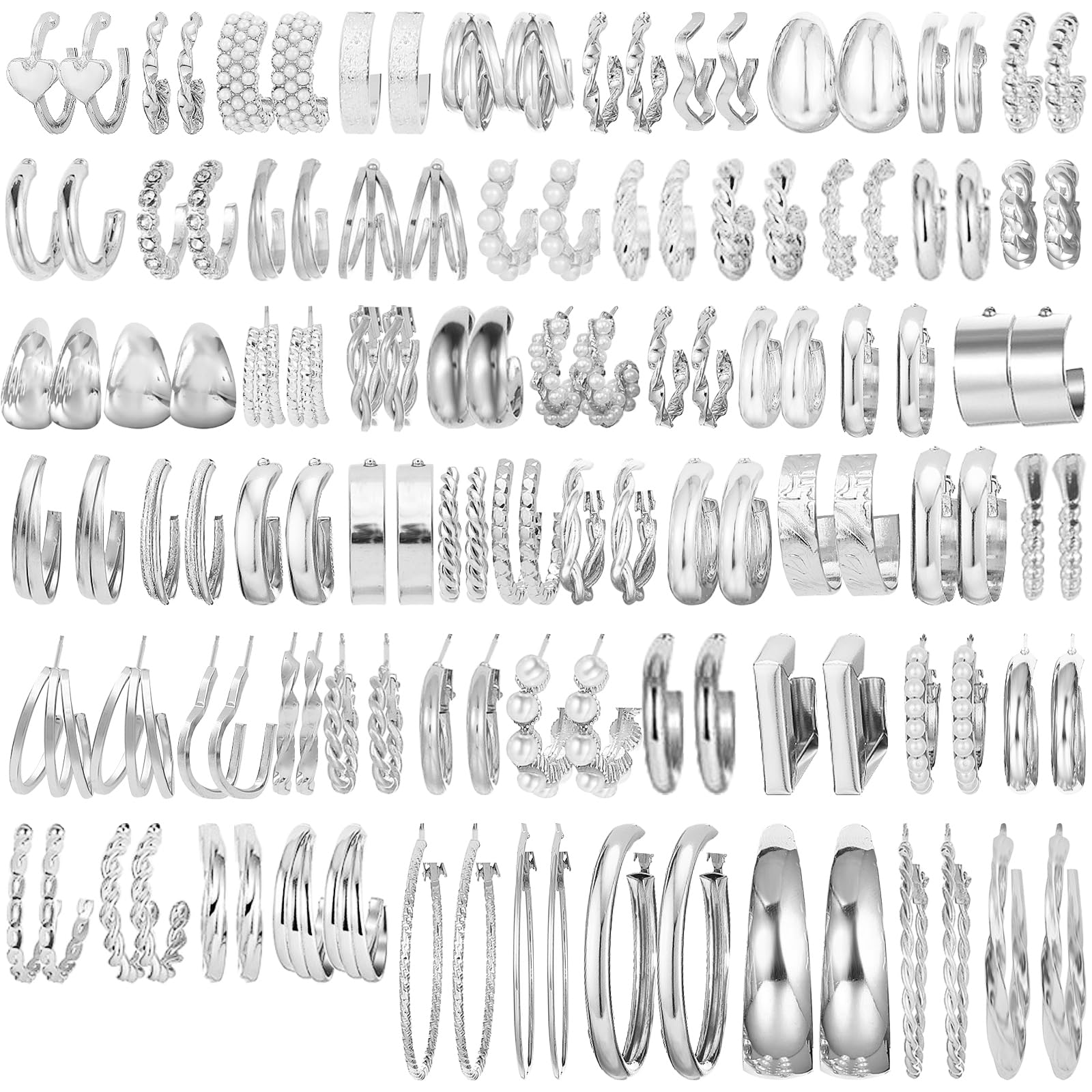 NEWITIN 60 Pairs Silver Jewelry Set for Women Fashion Costume Jewelry Silver Plated Earrings Hoop Earrings Set for Women