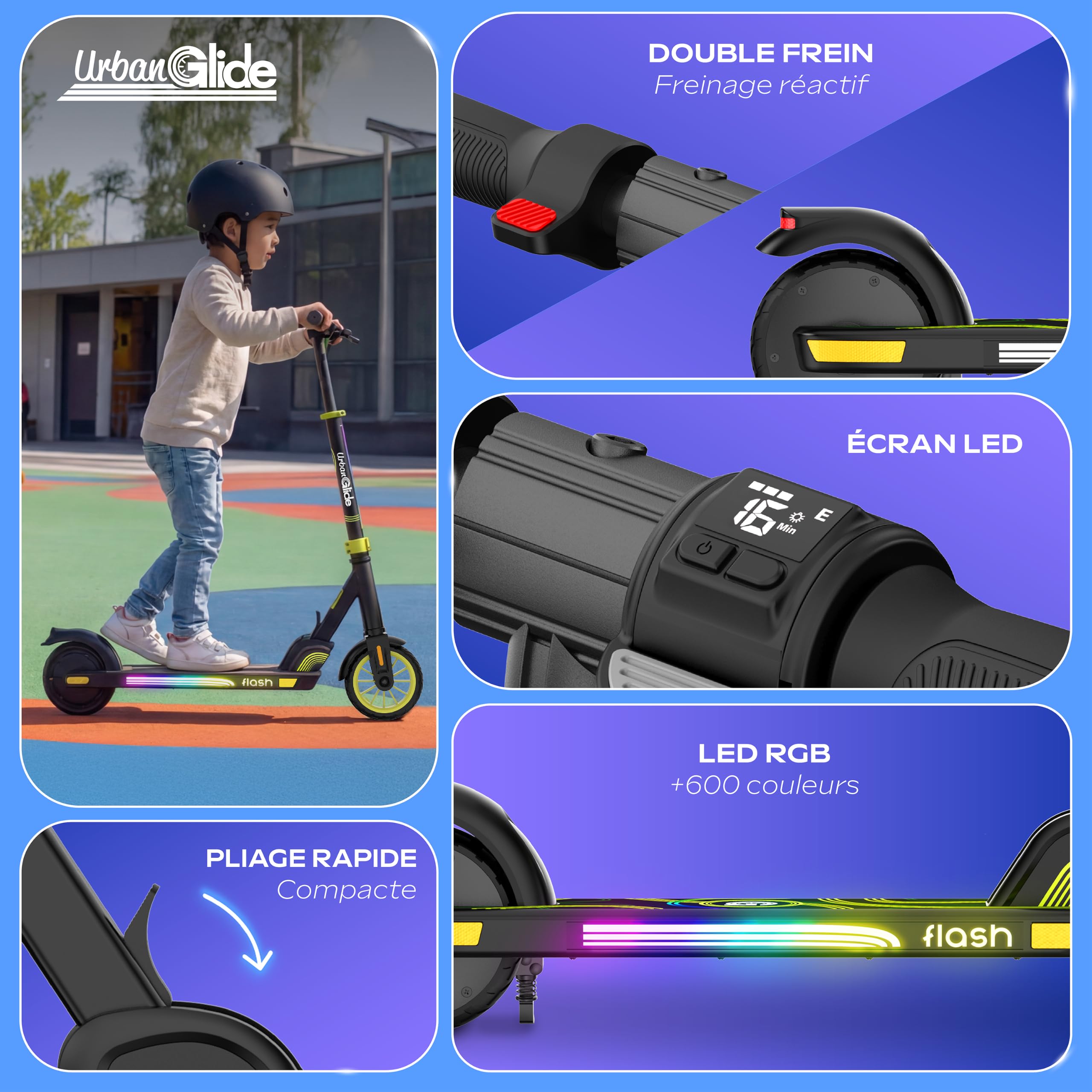 UrbanGlide Flash - Monopattino elettrico per bambini 6 anni+ | 16 km/h | Luci LED RGB | 6,5 kg