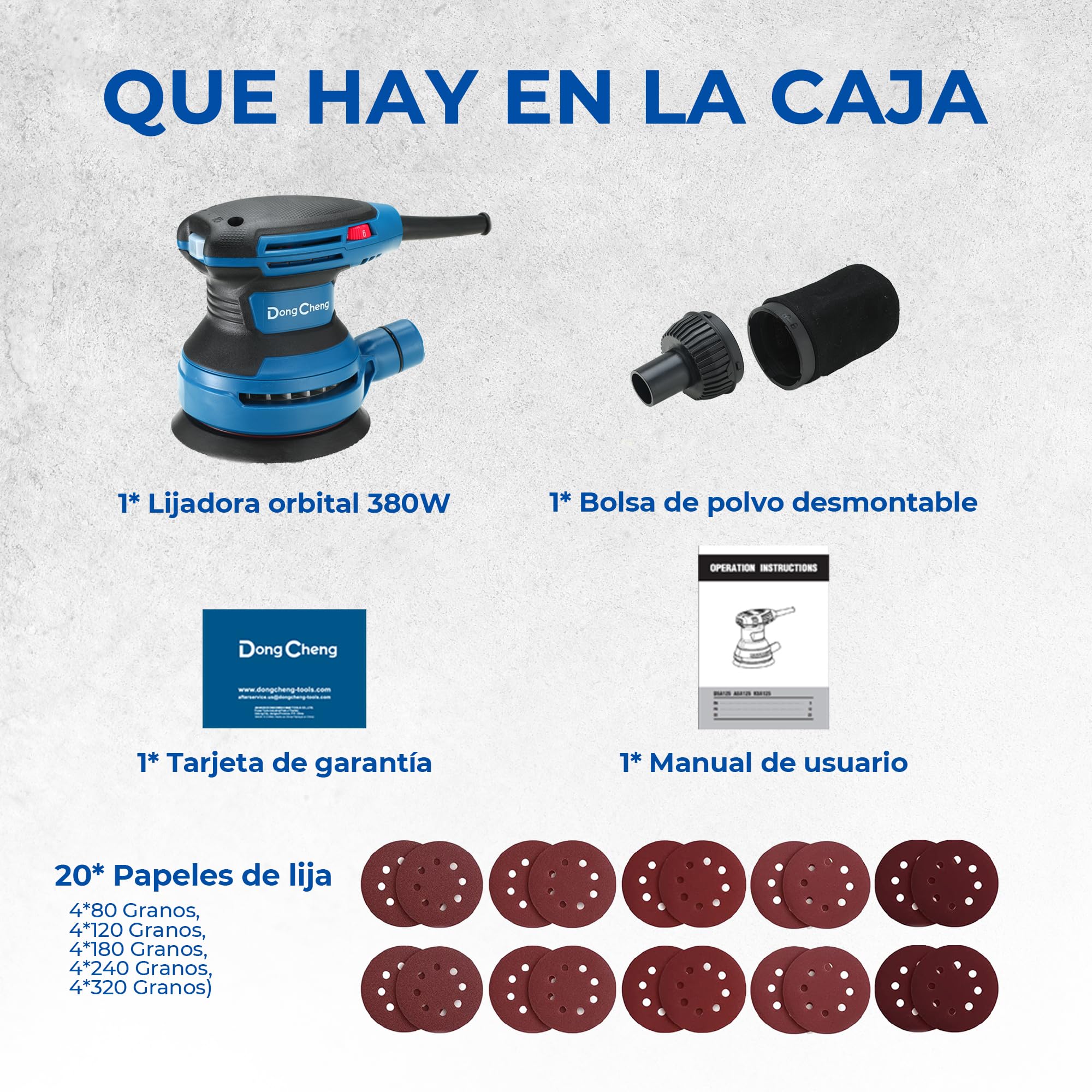 DongCheng Lijadora orbital 380W, lijadora Electrica de 125mm, 6 velocidades 8.000-12.800 rpm con colector de polvo y 20 lijas, ideal para trabajos profesionales de carpintería y lijado