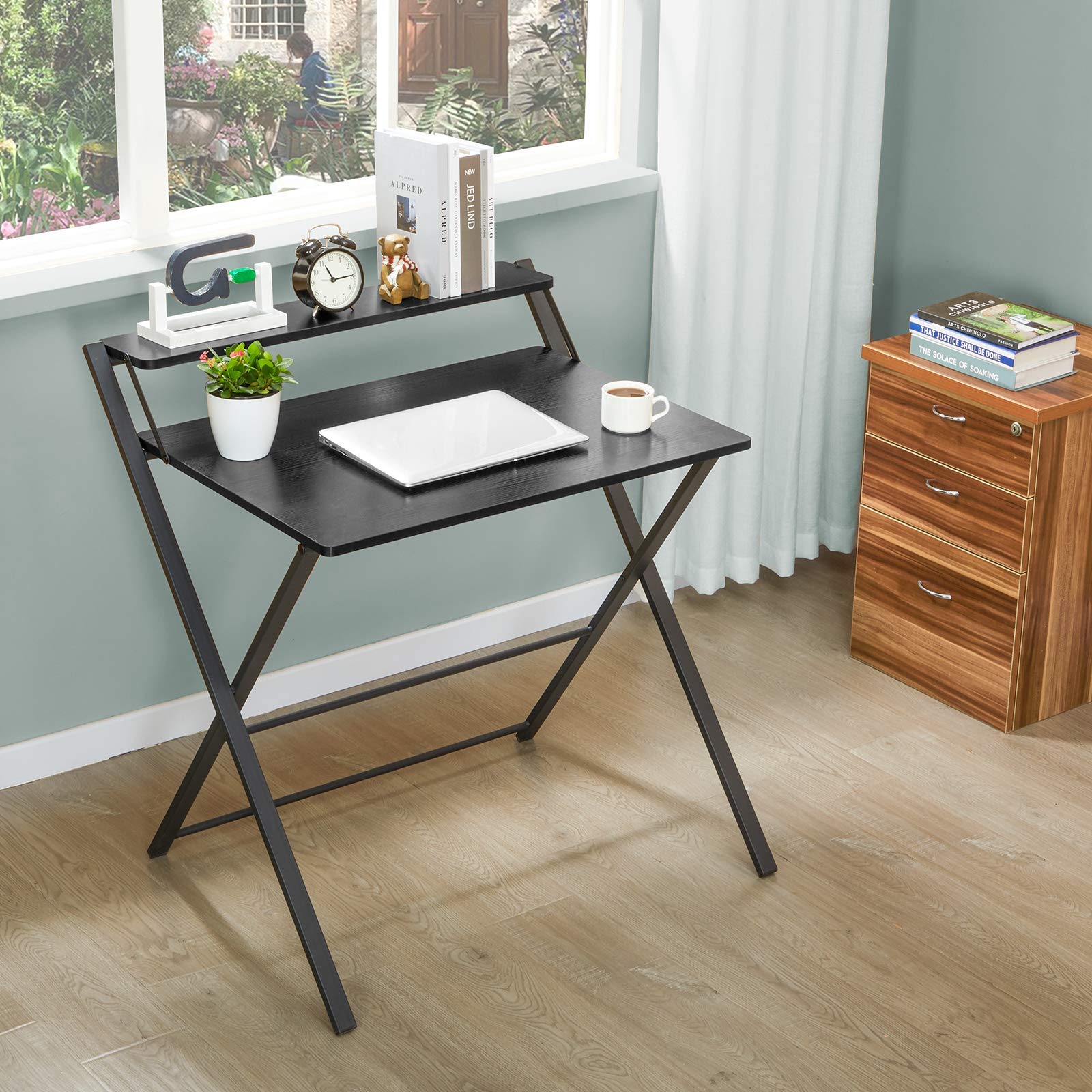 GreenForest Folding Desk No Assembly Required, 2Tier Small Computer