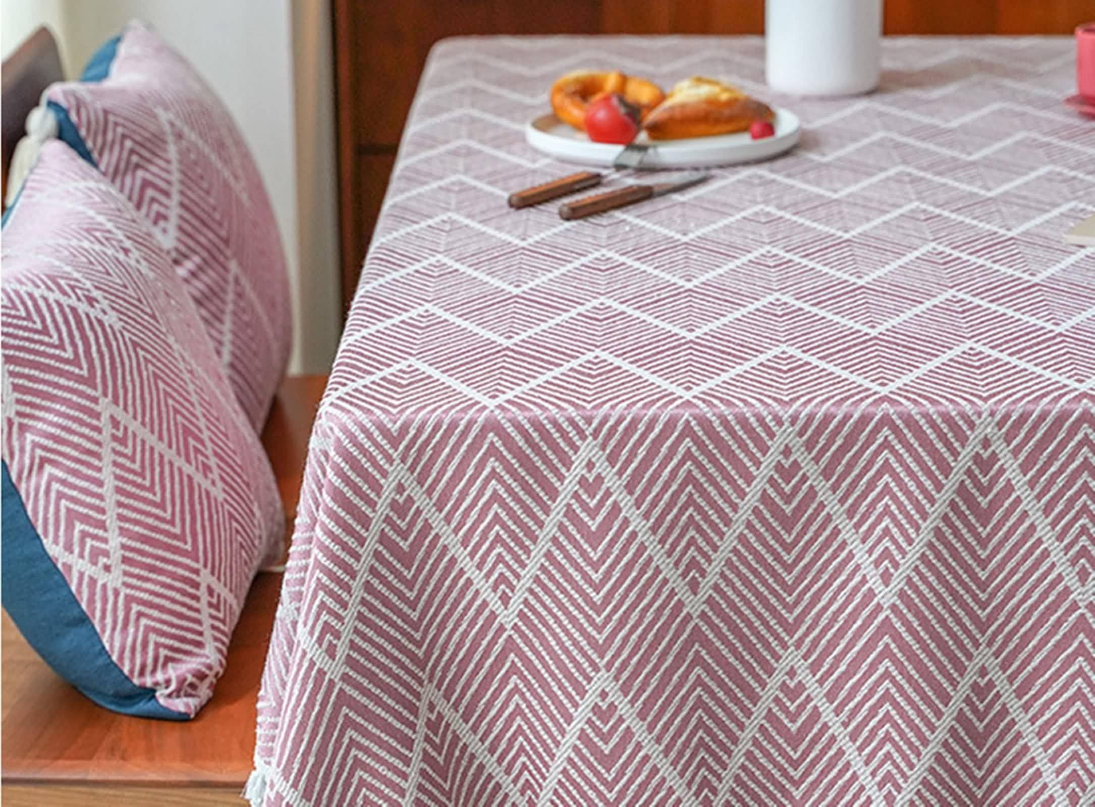 Tovaglia da Cucina Rettangolare, Tovaglie 110 x 170 cm Motivo ondulato a spina di pesce in Lino Tovaglia per Casa e Cucina, Tovaglia Elegante per PicnicRosa