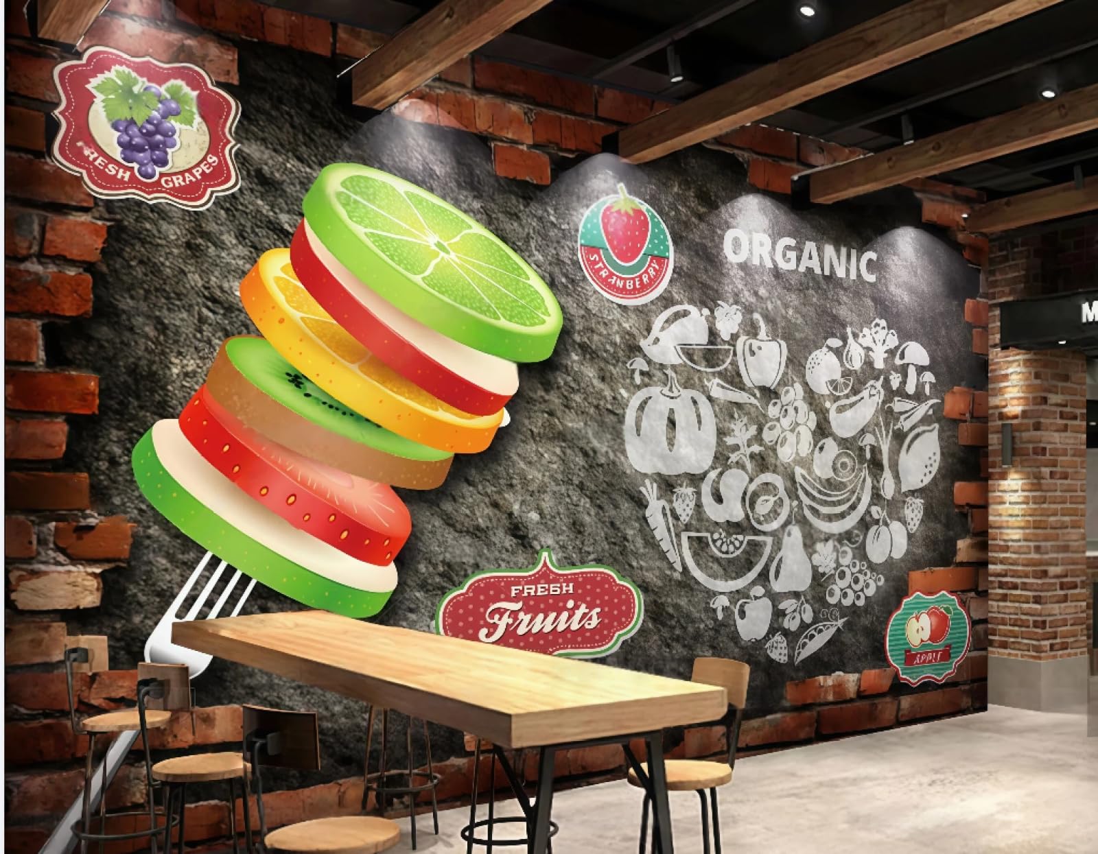 XDOUBAO Wallpaper Nostalgic Brick Wall Hand-Painted Fruit Theme Fruit and Vegetable Shop Afternoon Tea Western Restaurant Background Wall Wallpaper Coffee Shop Mural,3D,150x105cm