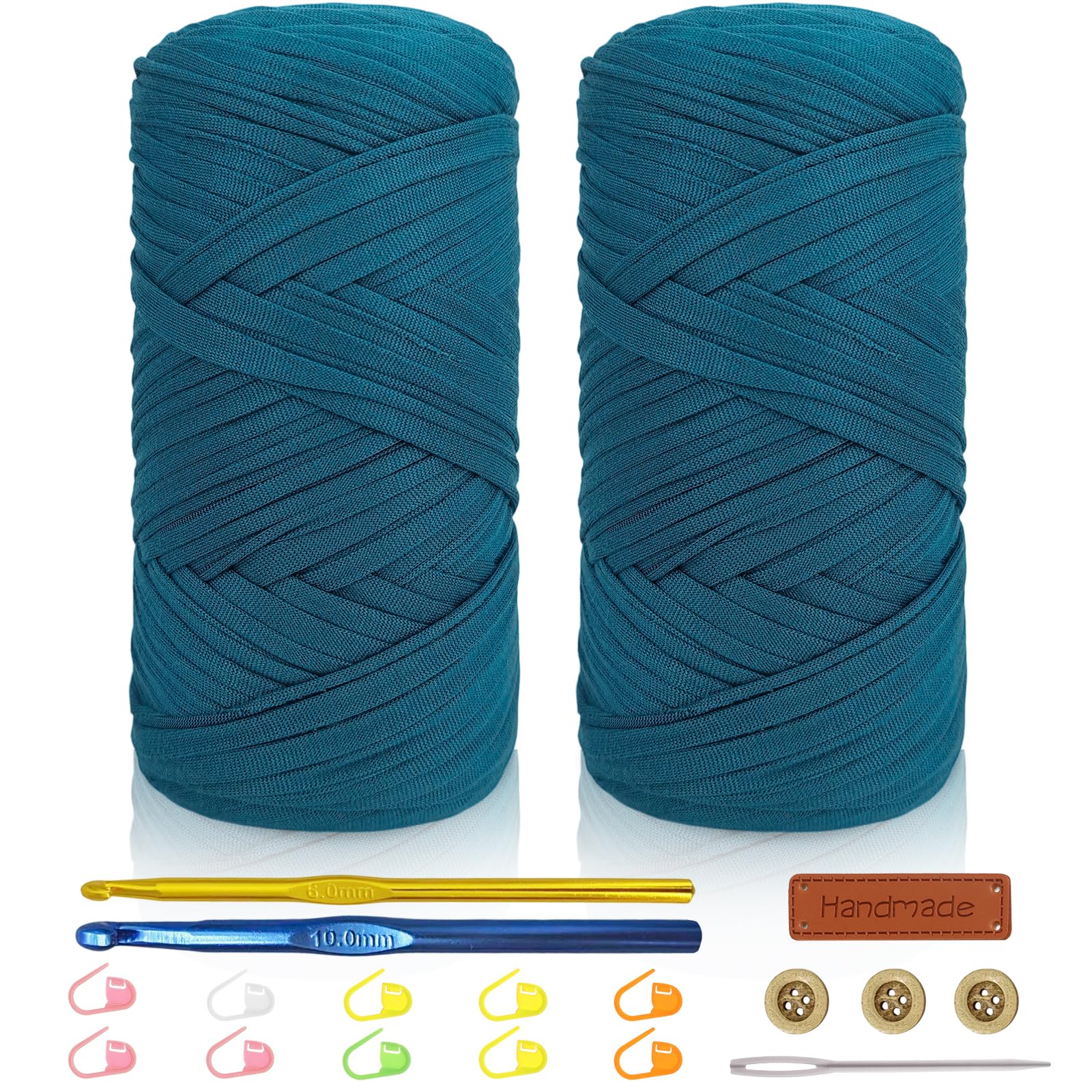 Tshirt Yarn Crochet Kit 2x200g Chunky Yarn for Crocheting with 6mm & 10mm Hooks + Accessories, Rich Color Combinations - Suitable for Beginners, Ideal for Making Bags, Home Decor（Blue-2）