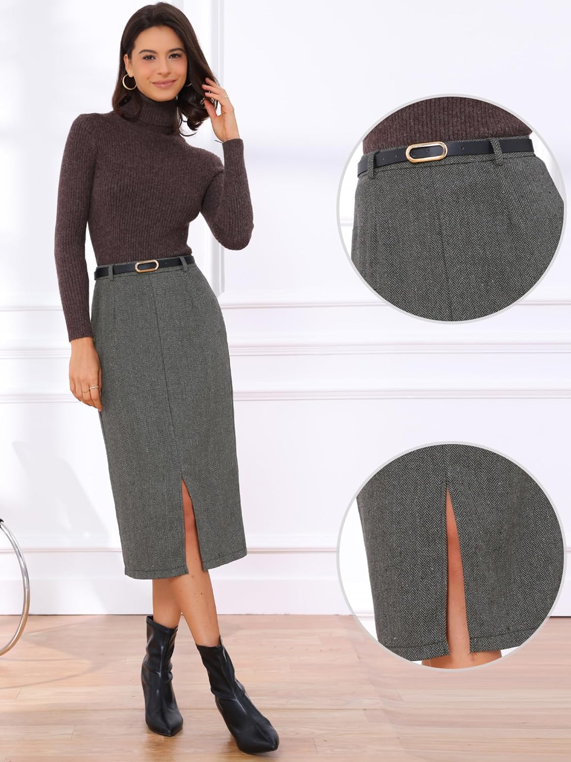 Allegra K Midi Pencil Skirt for Women Fall Winter High Waisted Slit Office Work Skirts with Belt - Image 2