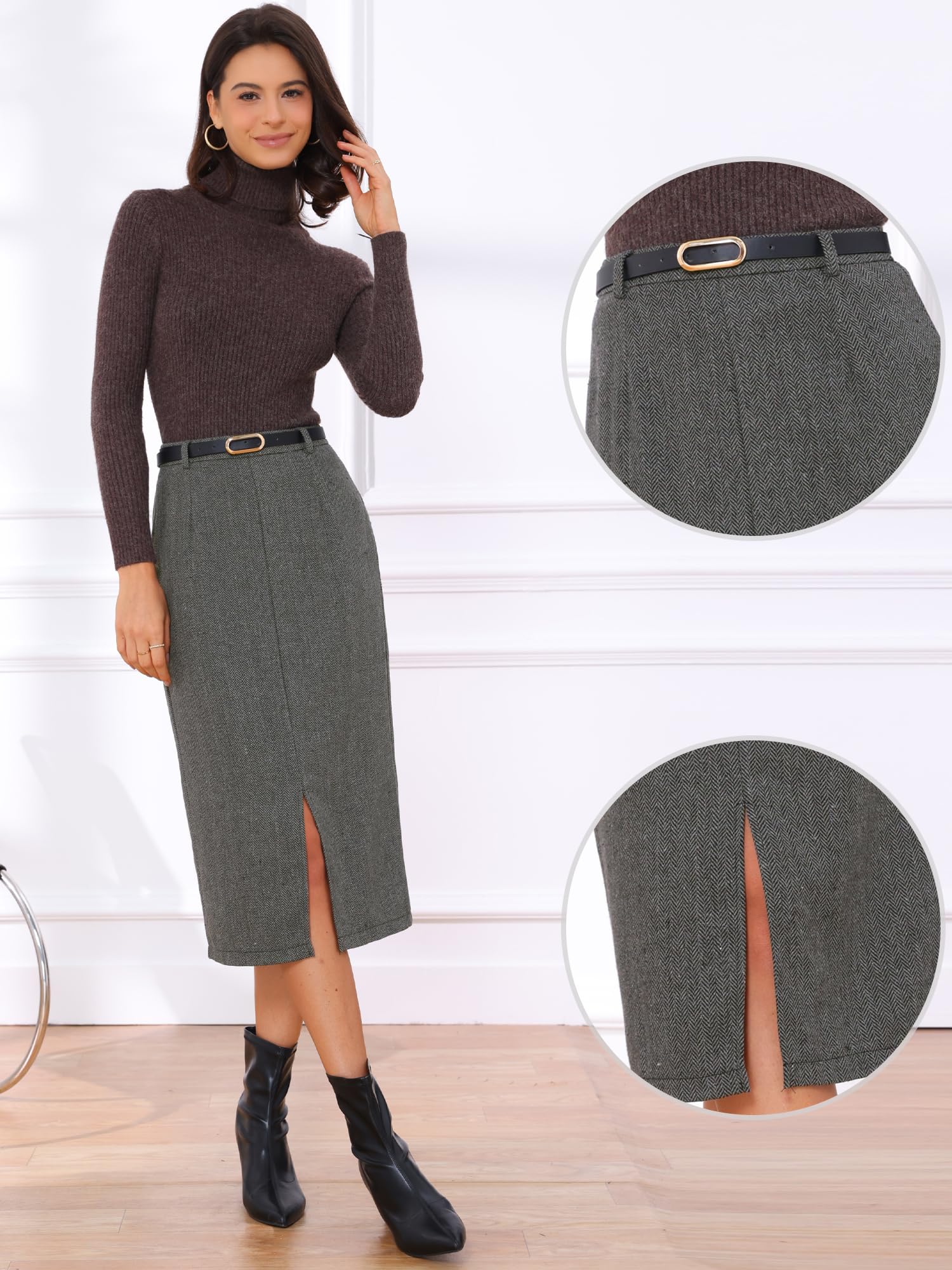 Allegra K Midi-Bleistiftrock für Damen, Herbst, Winter, hohe Taille, Arbeit, Büro, Röcke mit Gürtel
