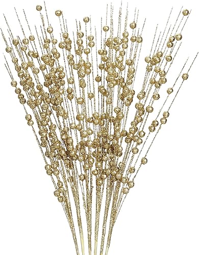 Felice Arts Paquete de 6 tallos de bayas artificiales doradas con purpurina de 15.7 pulgadas, palillos de Navidad falsos con purpurina decorativa