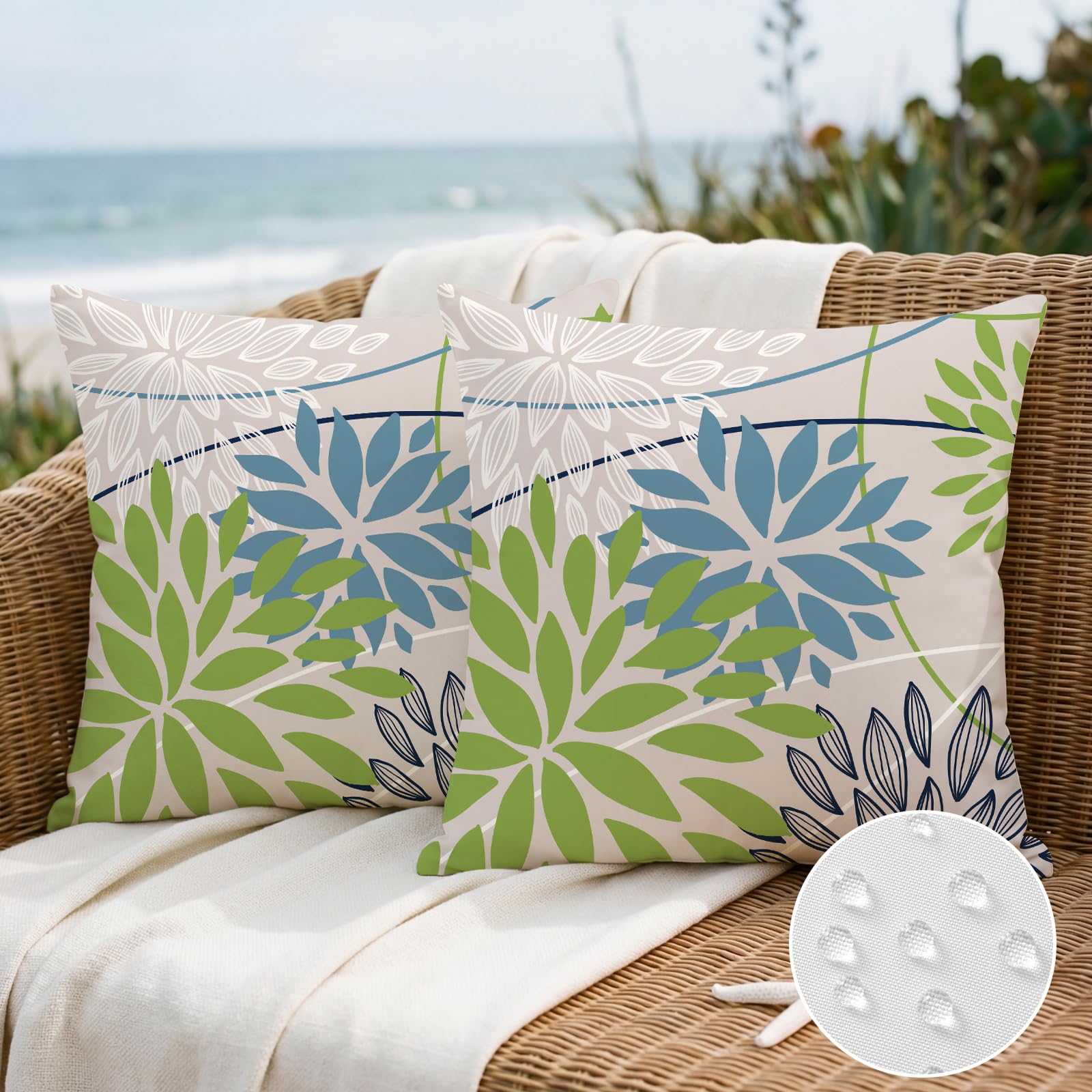 Artscope Outdoor Waterproof Green Blue Cushion Covers Geometric 50x50cm Set of 2 White Dahlia Floral Pillowcases Outdoor Flowers Pillow Covers for Patio Garden Bench Sofa Farmhouse Decor