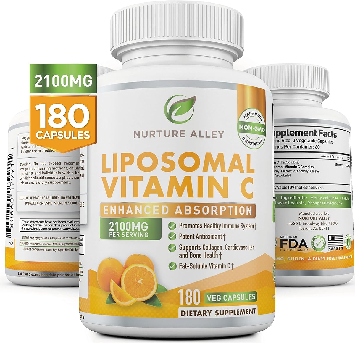 NURTURE ALLEY Liposomal Vitamin C 2100mg- 180 Capsules High Absorption Ascorbic Acid - Supports Immune System and Collagen Booster - Powerful Antioxidant High Dose Fat Soluble Supplement