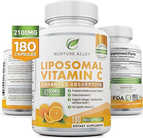 Liposomal Vitamina C 2100 mg - 180 cápsulas de ácido ascórbico de alta absorción - Apoya el sistema inmunológico y el refuerzo de colágeno - Potente