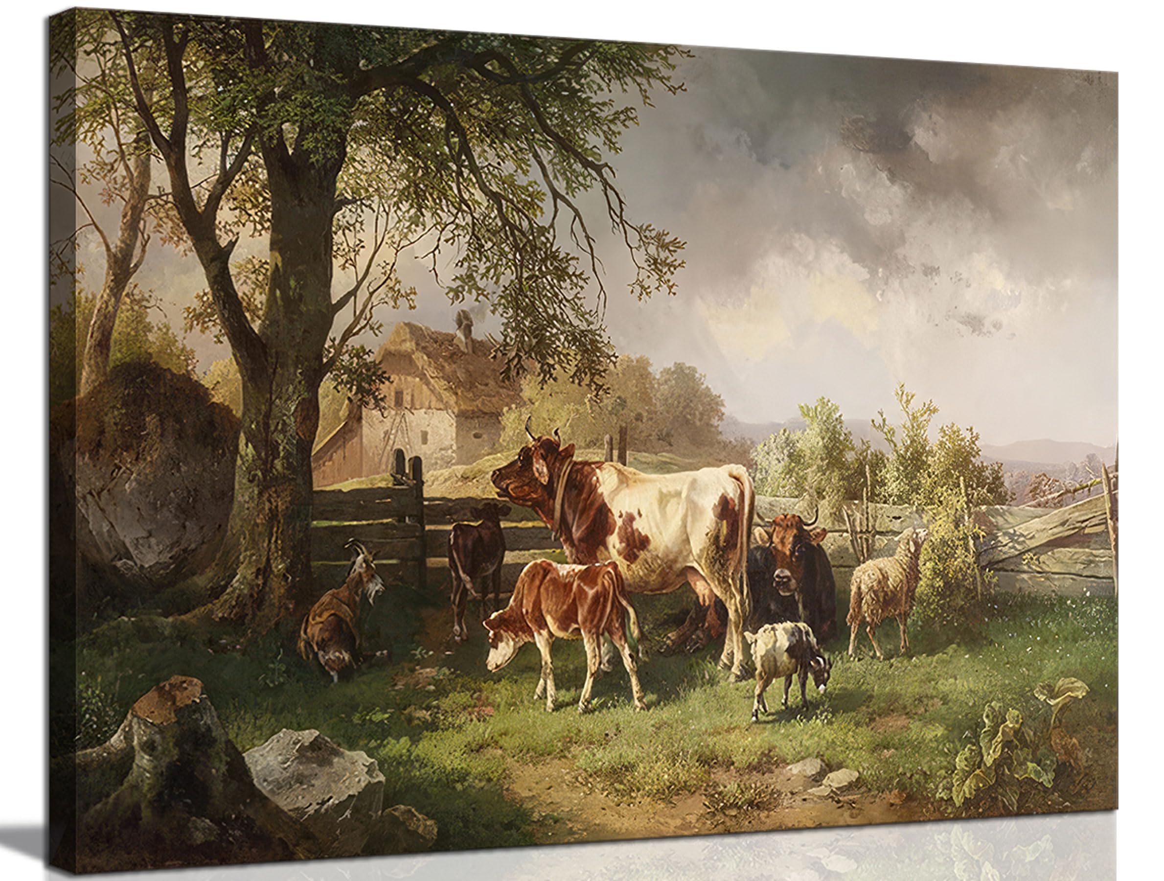 Farmhouse Cow Sheep Animal Canvas Wall Art Retro Rustic Funny Animal Pictures Wall Decor Pasture Nature Scenery Posters Prints Paintings for Living Room Bedroom Decoration Prepare To Hang