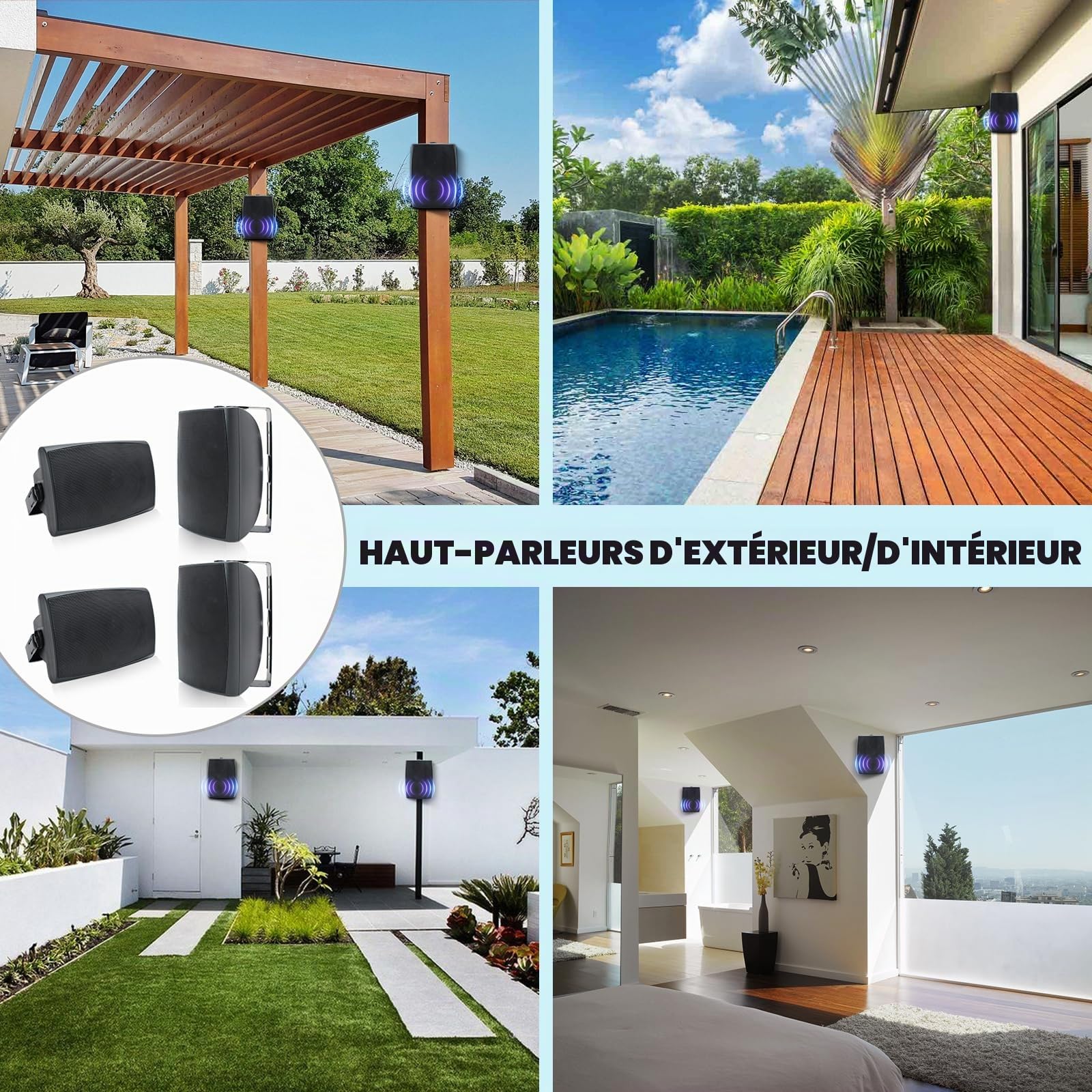 Herdio 6,5 Pouces 800 W Haut-parleurs Bluetooth d'extérieur, filaires étanches avec amplificateur Multifonctionnel, Haut-parleurs muraux pour terrasse, Piscine, Jardin (Noir)