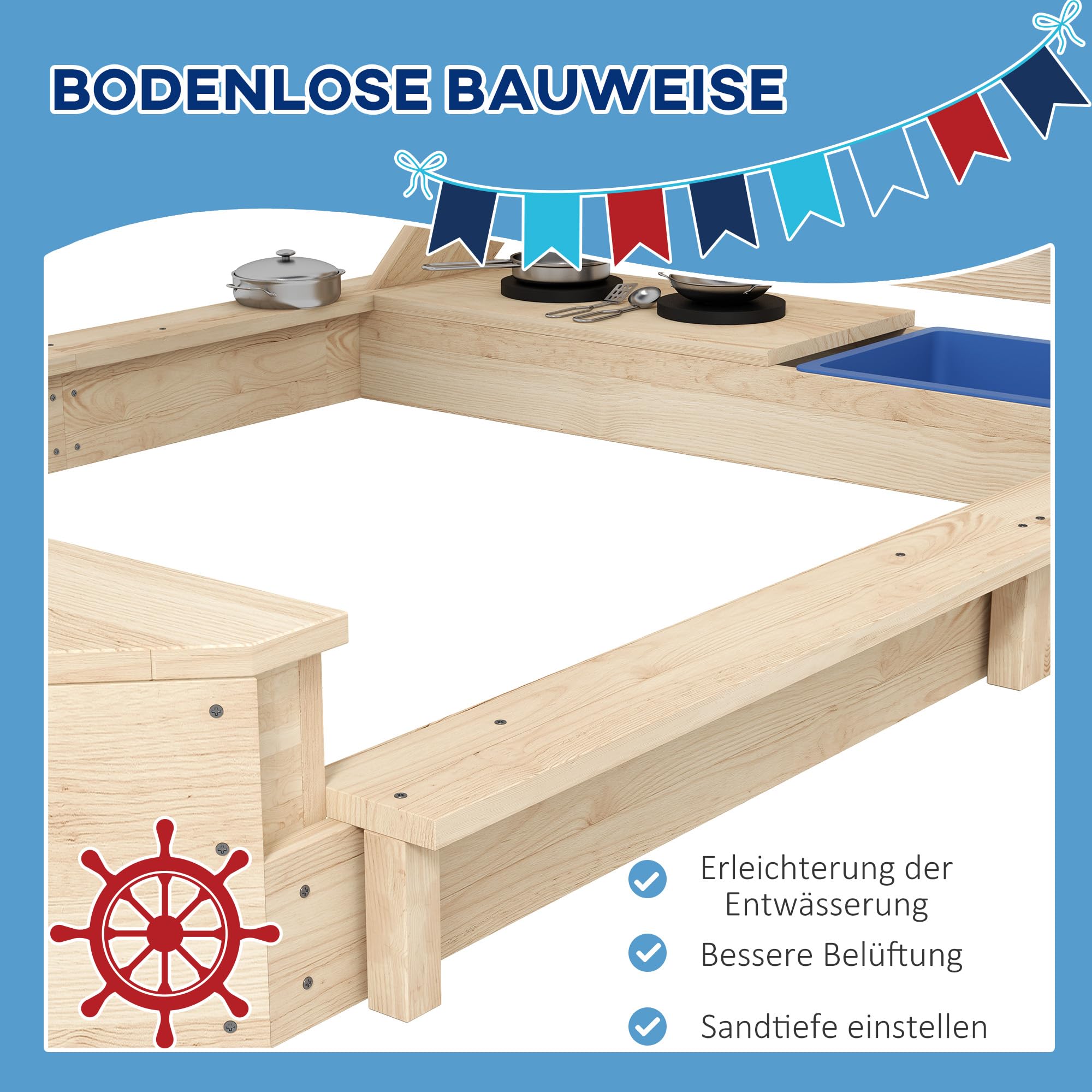 Outsunny Sandkasten Sandkiste groß mit Abdeckung im Schiff Design Matschekiste aus Holz Segelschiff Spielhaus mit Küchenspielset Aufbewahrung für Kinder 3-7 Jahre Naturholz 180 x 103 x 144,5 cm
