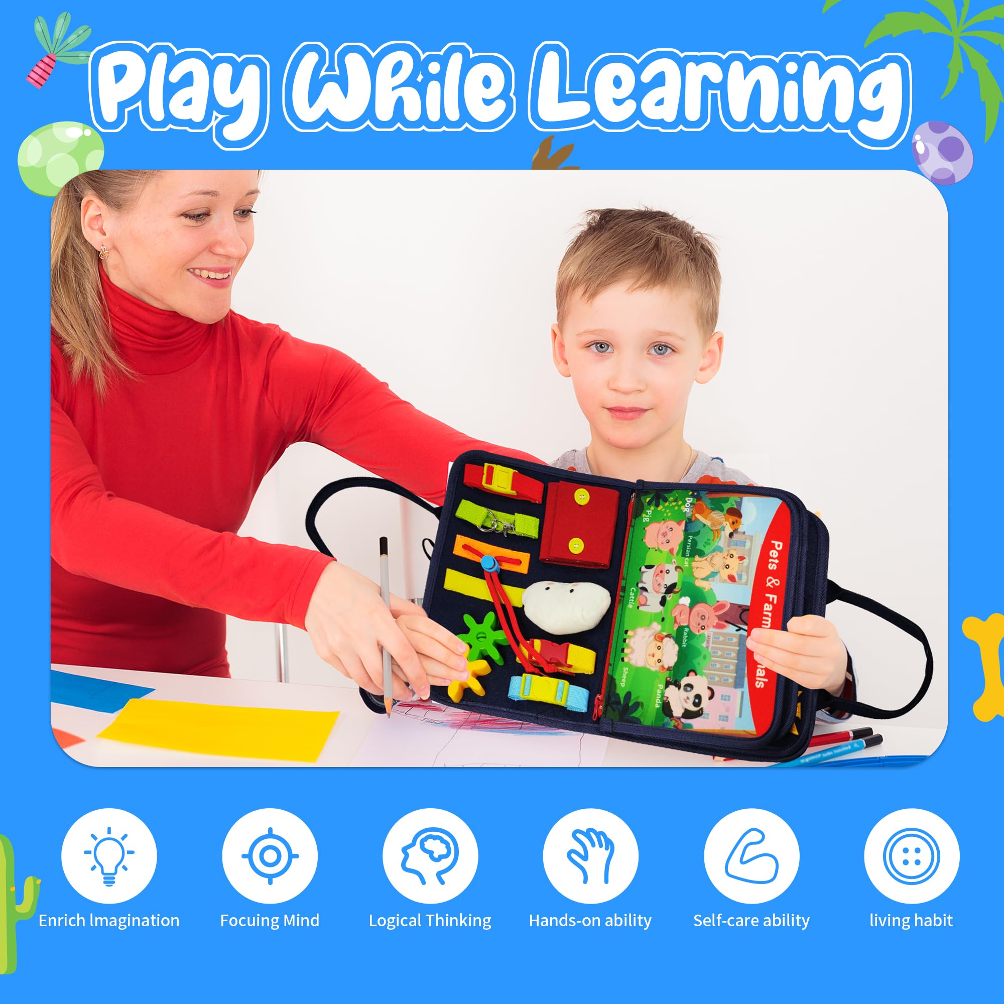 TenFans Busy Board – Giocattoli Montessori per 1 2 3 anni – Giocattoli sensoriali – Regali per ragazzi per imparare a motorizzare – Attività educative giocattolo da viaggio per auto e aereo