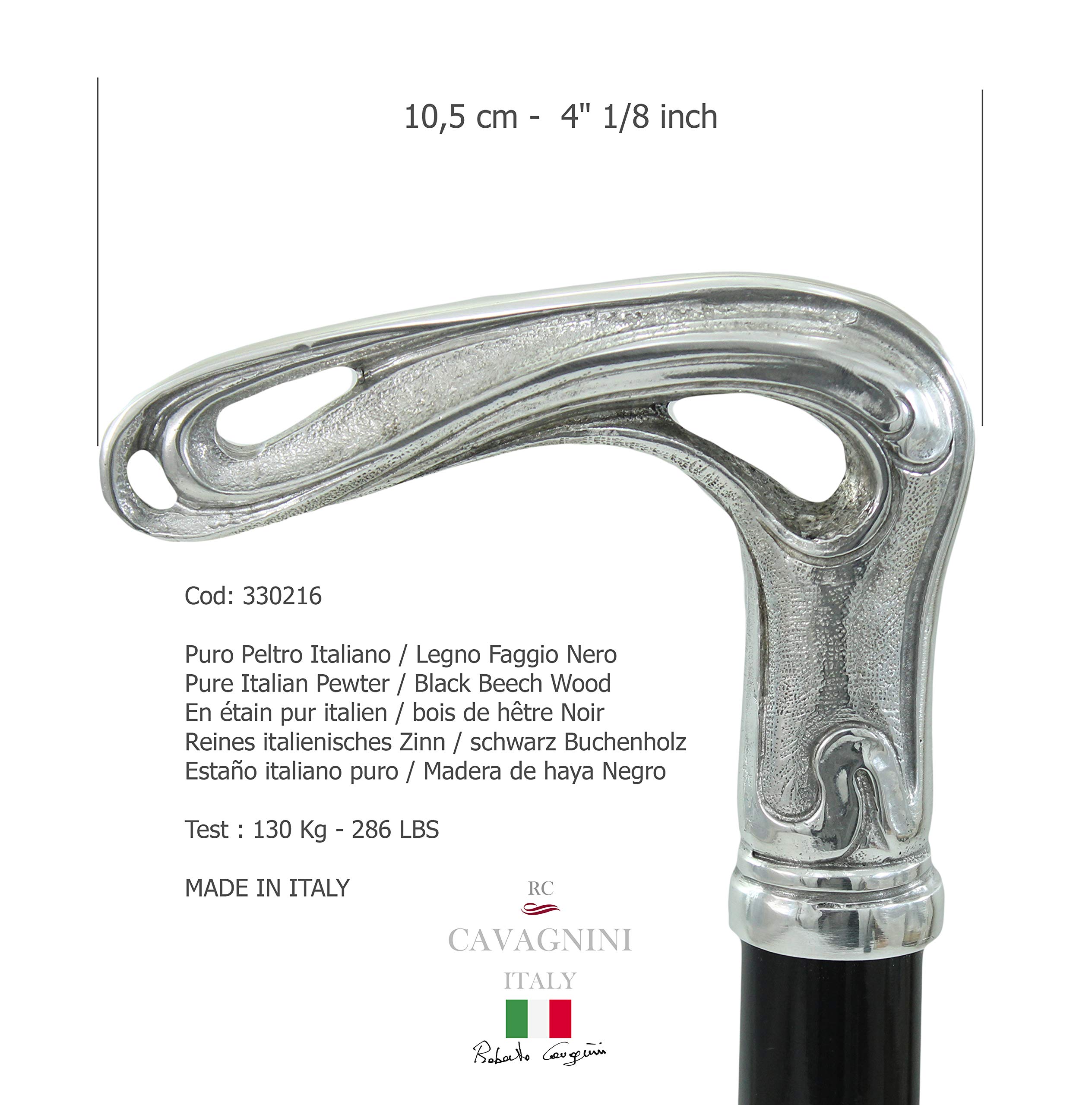Bastón de paseo hecho a mano en Italia, 97 cm de longitud, ajustable, mango de peltre y madera de haya, color negro, ideal para hombres, mujeres, ancianos