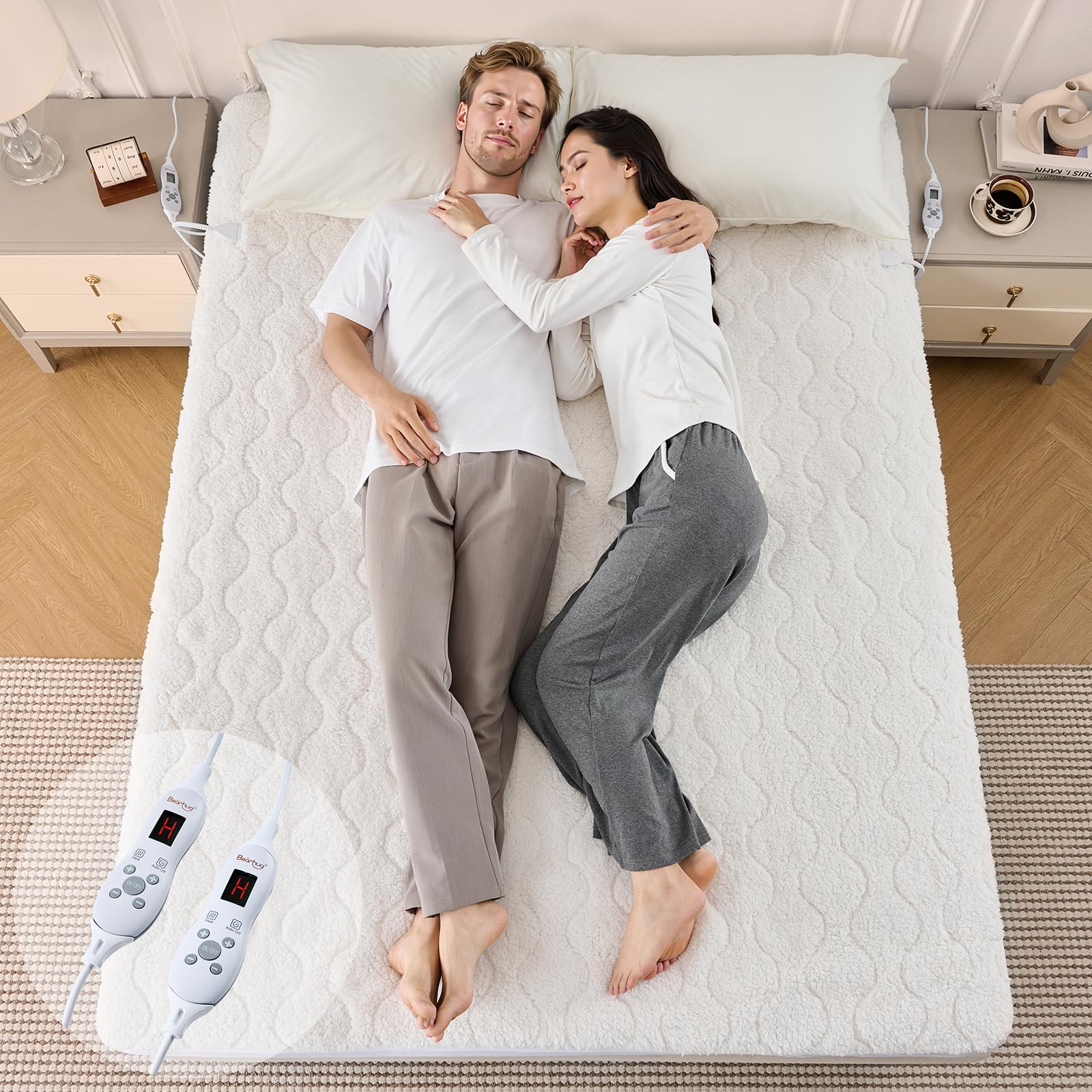 Bearhug Heizdecke 2 Personen 150x200cm Sherpa Weiß 200g/m² Ultraweich 45cm Tiefe 2 Zonen, 10 Stufen + Timer 12h CE Sicherheit waschbar