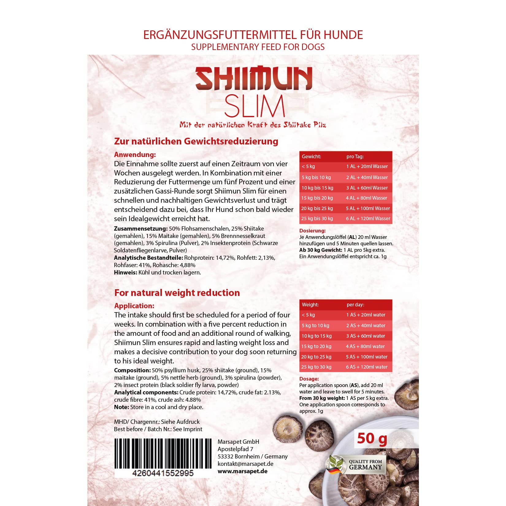 Bellfor Juego de comida para perros hipoalergénica 4 kg Snacks 200 g Dieta para perros 120 g para perros sensibles a la nutrición Perros grandes con sobrepeso Cáscaras de semillas de psyllium Shiitake