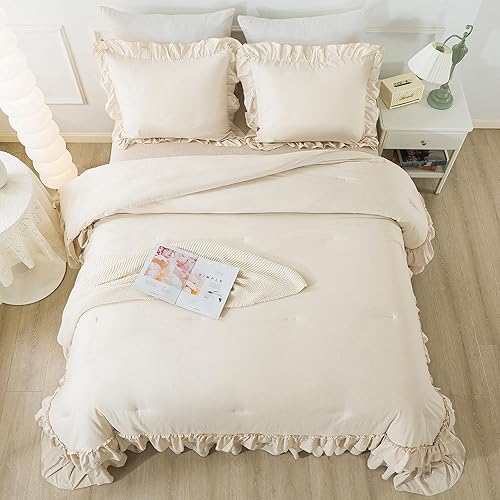 Miniatura 6 de Andency Juego de edredón beige tamaño Queen, juego de edredón suave y ligero con volantes lisos, 3 piezas, para todas las estaciones, estilo rural,