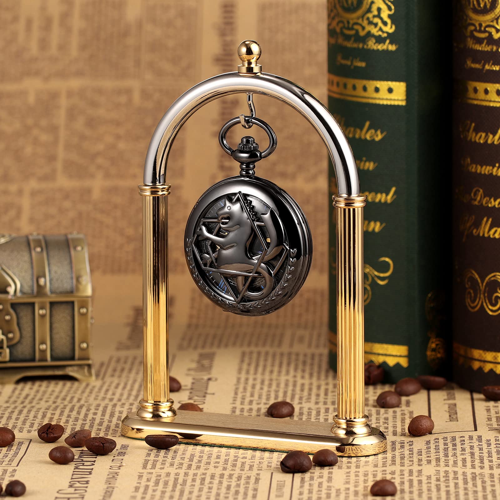 TREEWETO Montre de Poche Unisexe Mécanique à Double Couverture Complète en Métal Alchimiste Squelette Steampunk pour Hommes Femmes avec Chaîne
