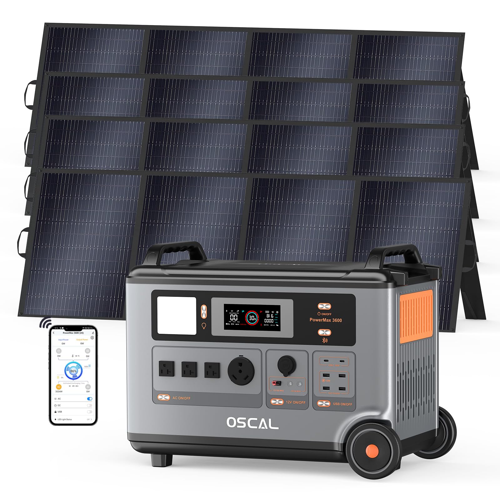 OSCAL 3600Wh Solar Generator PowerMax 3600 with 4x400W Solar Panel 3600W Power Station with 4 AC Outlets 6000W