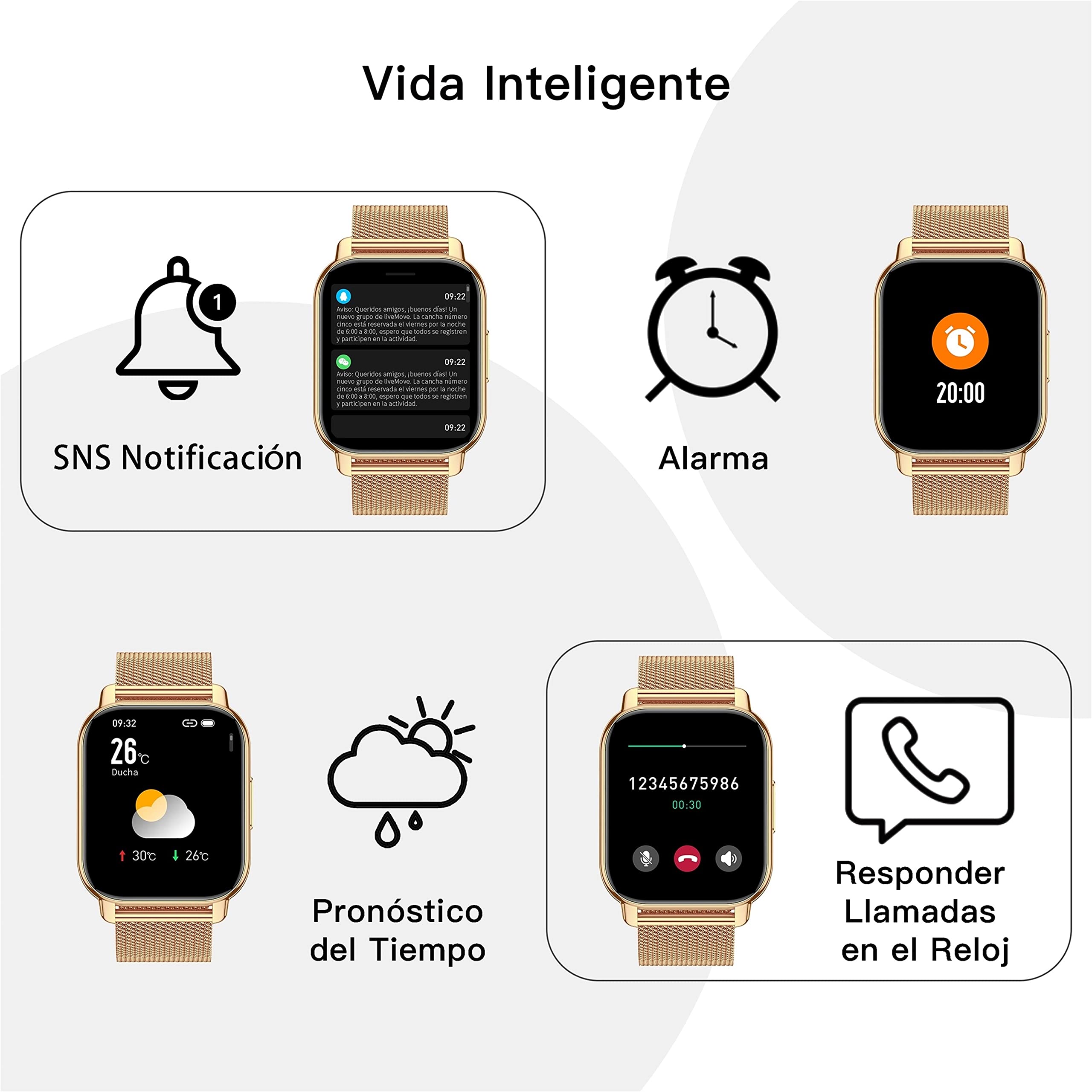 Popglory Reloj Inteligente Mujer, Llamadas/Presión Arterial/100+ Deportes Smartwatch Mujer, Frecuencia respiratoria Frecuencia Cardíaca Oxígeno en Sangre Sueño, Reloj Android iOS