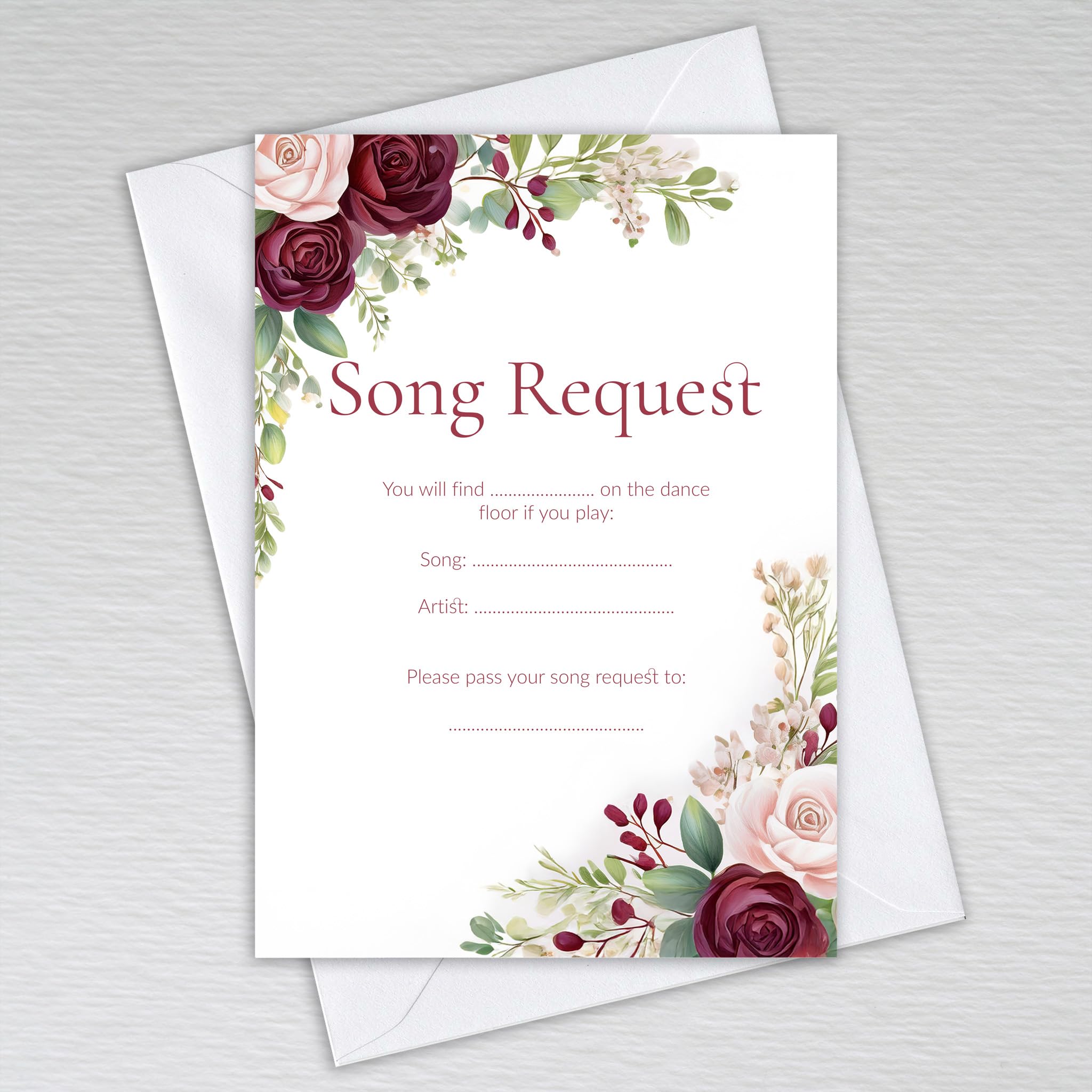Webspectations Burgundy Song Request Cards with Envelopes – Elegant Floral Rose & Eucalyptus Design with Burgundy & Maroon Tones, Wedding Table Favours (Pack of 50 with Envelopes)