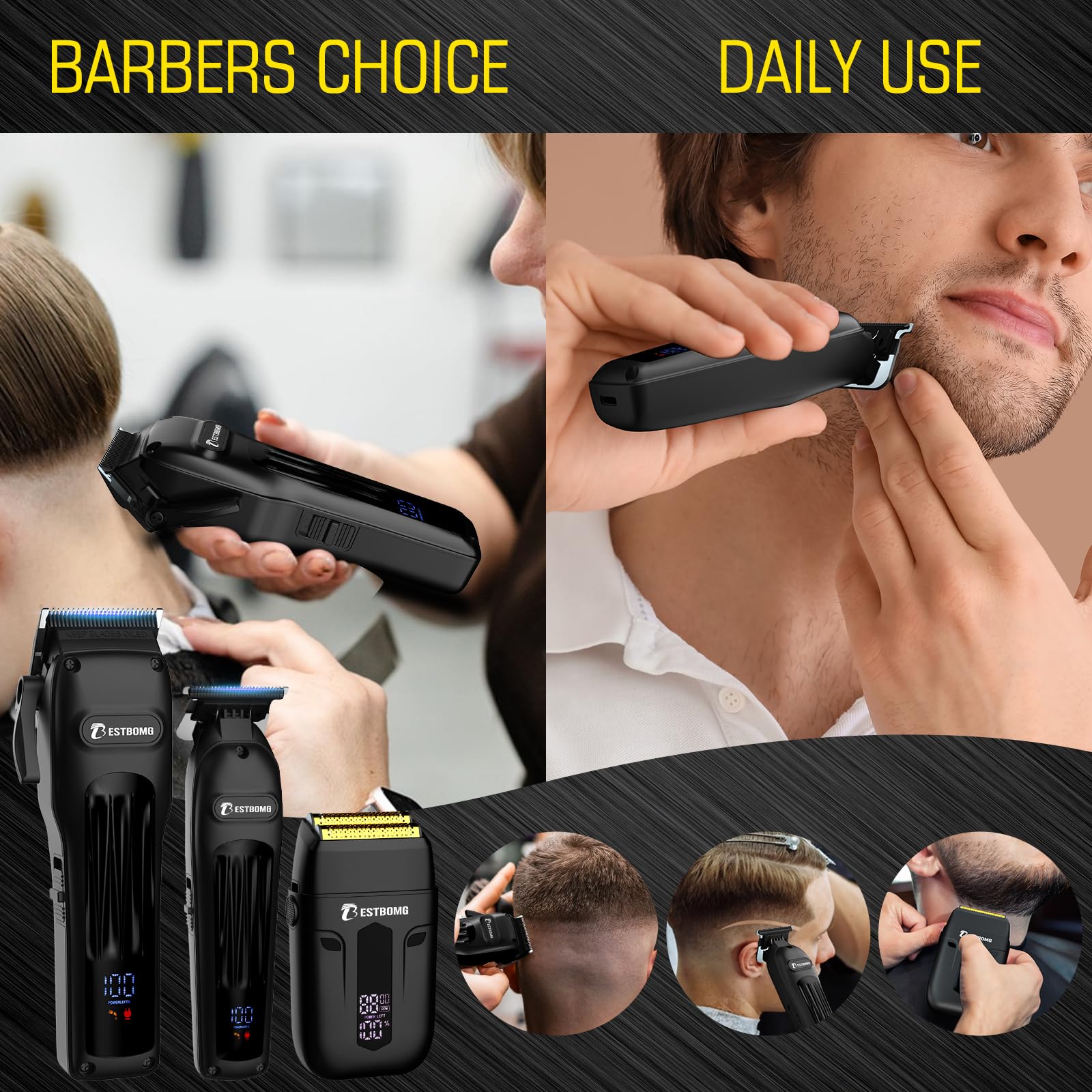 BESTBOMG® Haarschneidemaschine für Männer, professionelle Haarschneidemaschine, Bartschneider & wiederaufladbares Rasierer-Set, Metall-T-Klinge, LED-Display, Friseur-Haarschneide-Set für Männer