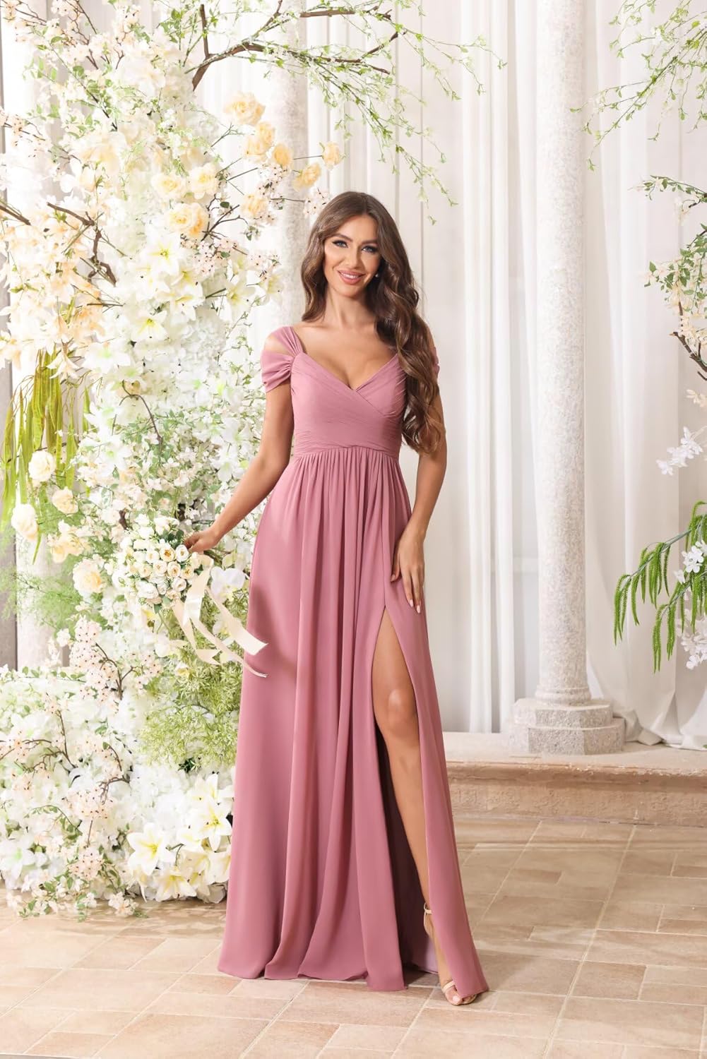 Off Shoulder Chiffon Bridesmaid Dresses for Women Long Formal Gowns Wedding Guest Dress with Slit - Image 3