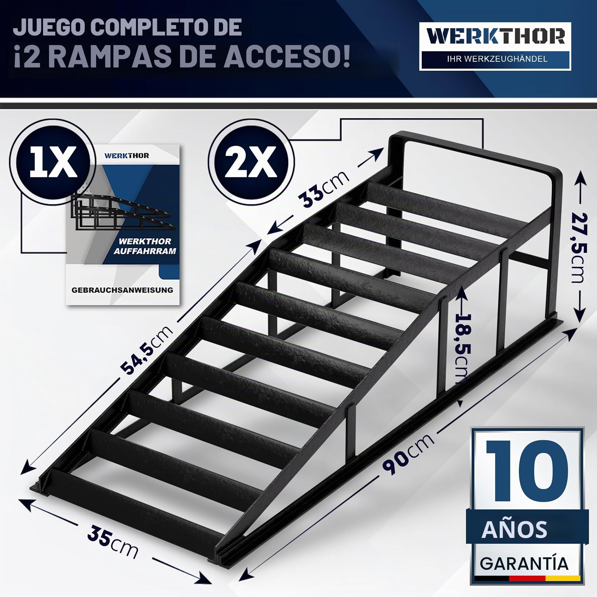 WERKTHOR Rampa de carga para coches de metal - [Set de 2] Rampas de carga para máxima sujeción [<3t] - Rampa de auto de alta capacidad para cualquier superficie - Rampas de auto 2 piezas