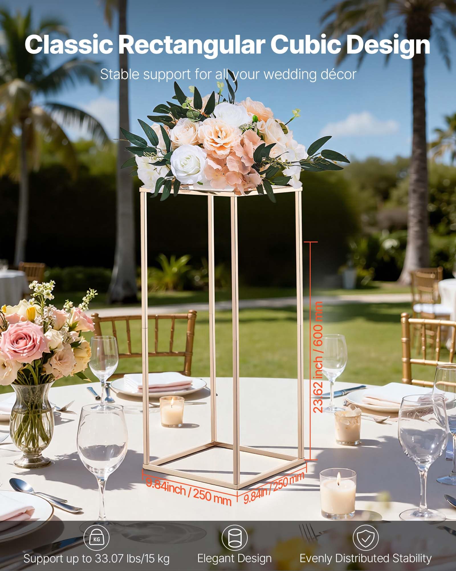 VEVOR Hochzeitsblumenständer 250x250x600mm, 10er-Pack Blumenhocker, Blumenständer mit Acrylablage, rechteckiger Pflanzenhocker für Hochzeiten, Partys, Geburtstage, Tischdekorationsständer, Roségold