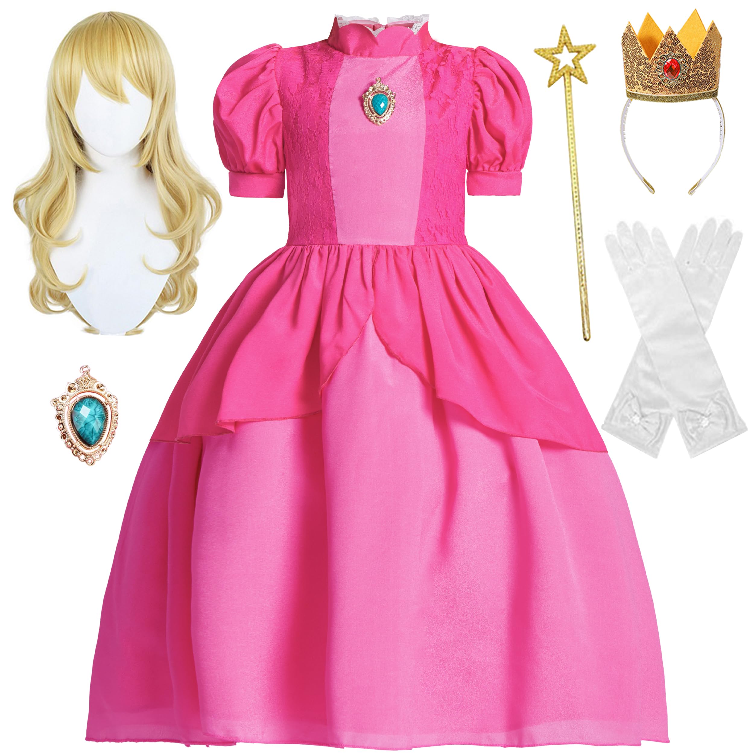 IKALI Girls Princess Costume, Fancy Pink Dresses Outfit Wig Accessories Princesses Dress Up for Kids Halloween 4-6Y