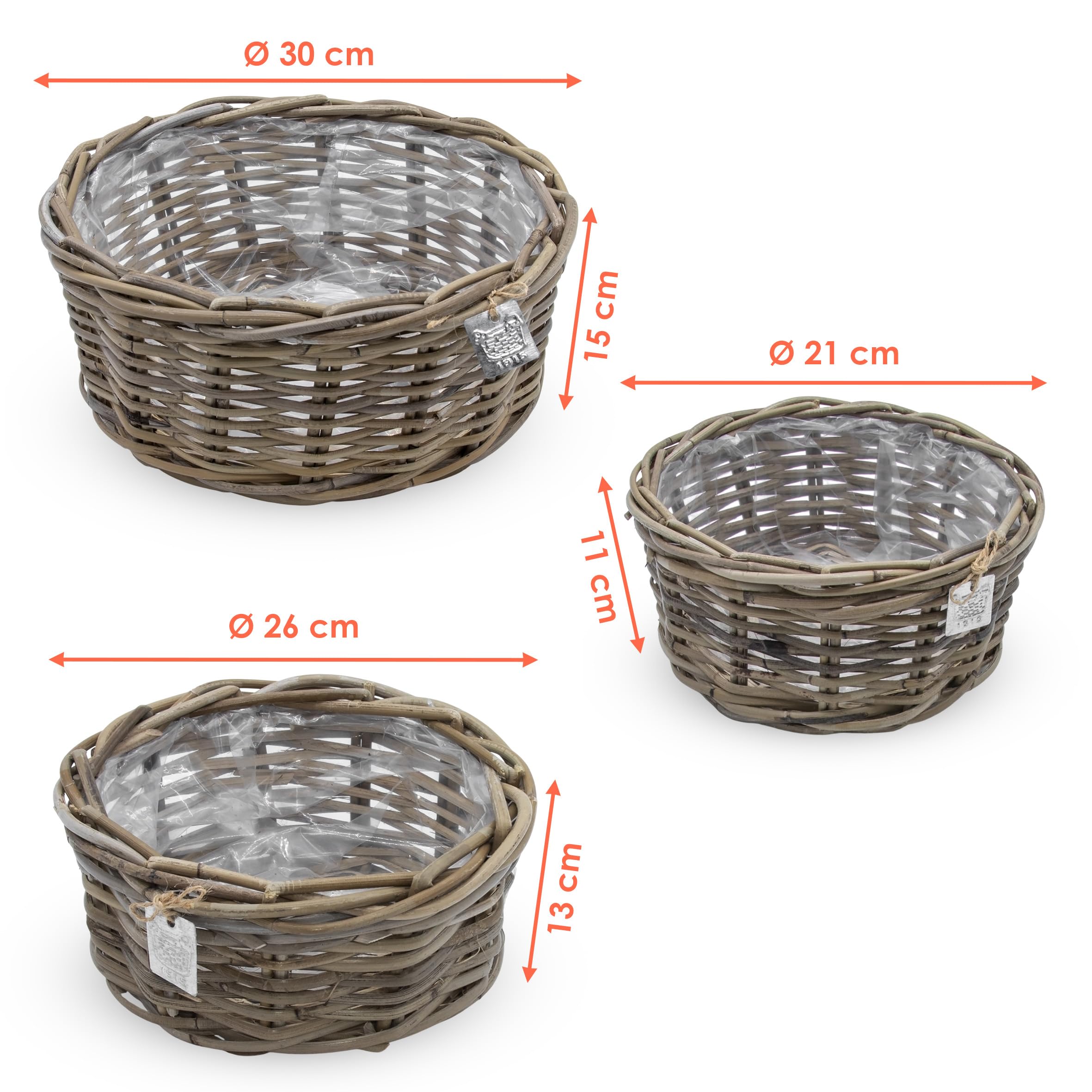 Spetebo Lot de 3 pots de fleurs en rotin - 30/26/21 cm - Pot de fleurs doublé d'un film - Décoration de jardin - Panier à fleurs tressé pour fleurs