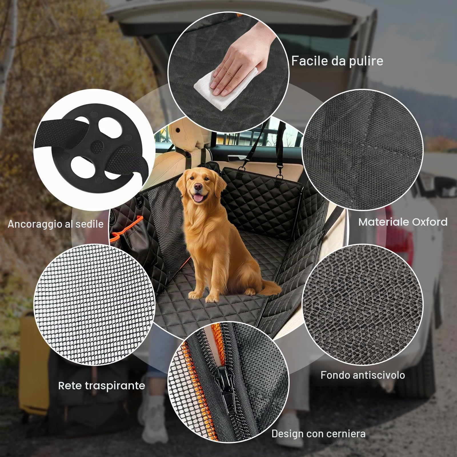 Coprisedile Auto per Cani, 135x44x36cm, Telo Auto per Cani, Telo Macchina per Cani, Telo Cane Auto Sedili Posteriori, con Rete di Prospettiva e Sacchetto, per Auto, SUV, Camion, Nero