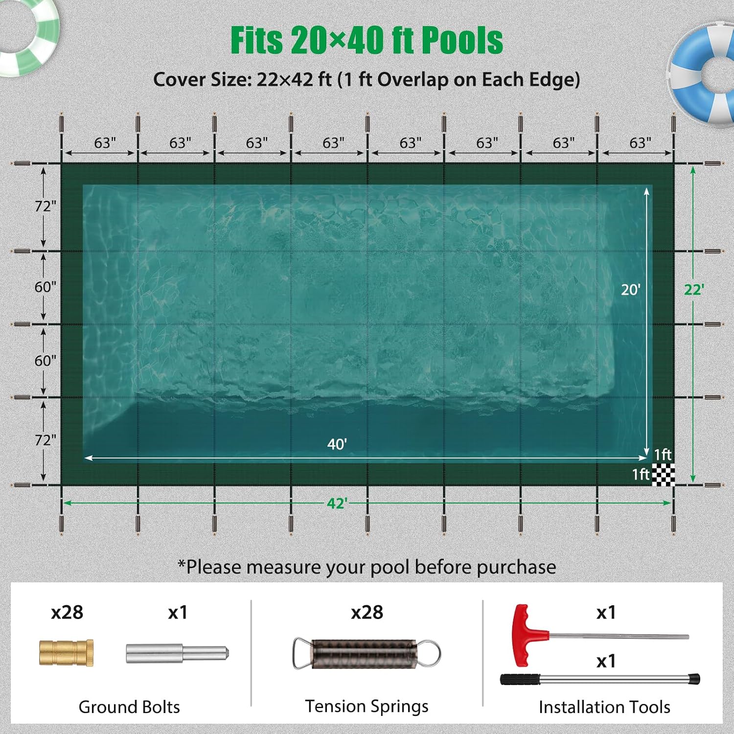 Inground Pool Cover Safety Fits 20x40ft Rectangle Swimming Pool, Mesh Solid Pool Cover for Inground Pools,Winter Pool Safety Cover Includes Safety Net and Installation Tools Green image 2