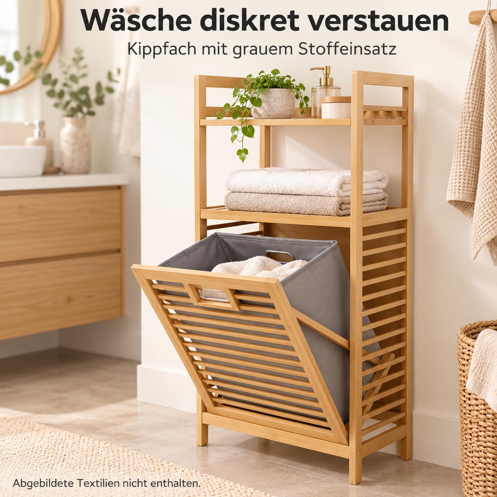 Bambus Badregal mit Wäschekorb, 2 Ablagen, 40 × 30 × 95 cm