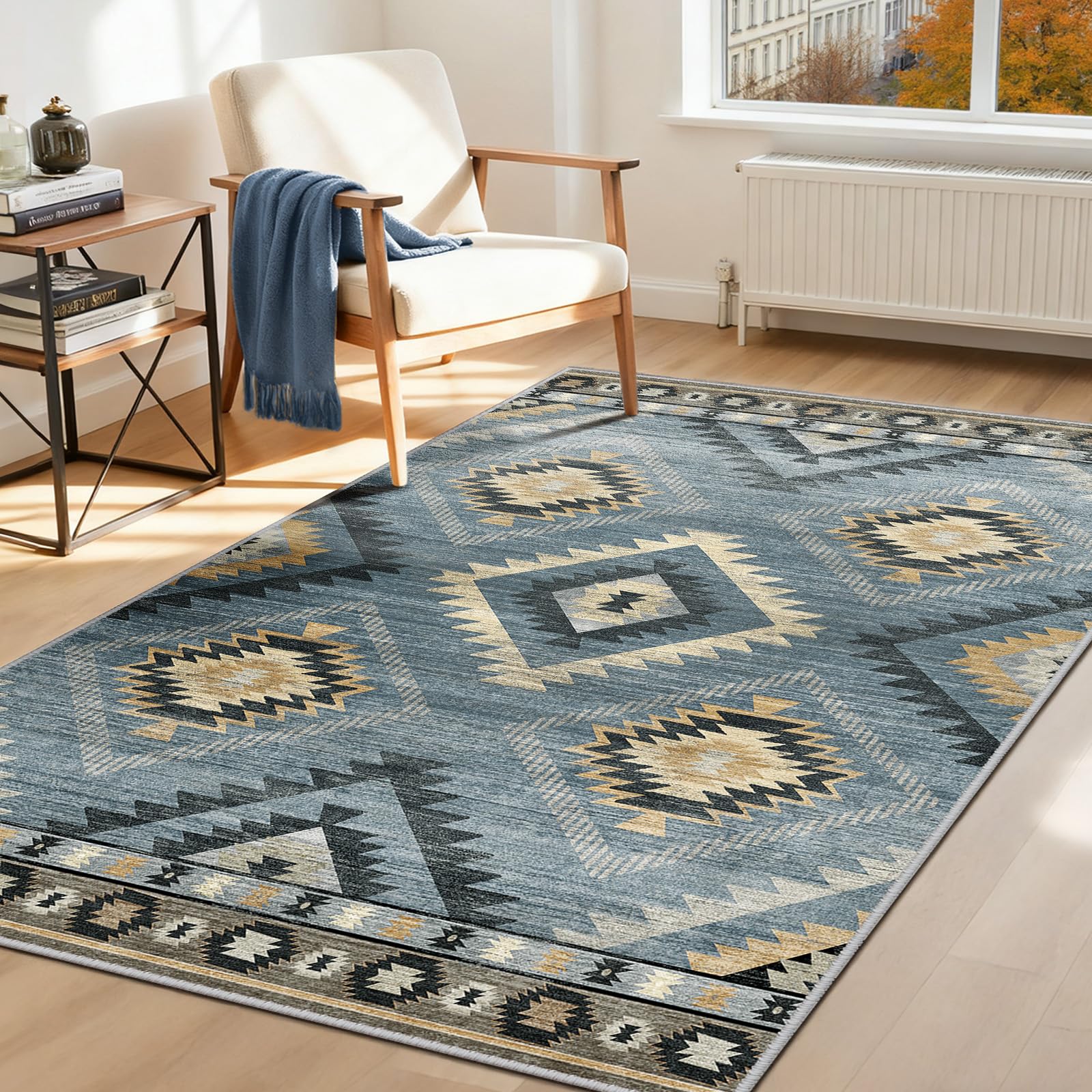 DEFYNEE Machine Washable Rugs Living Room, 90x150 cm Kitchen Rugs Non Slip, Soft Short Pile Vintage Rugs for Bedroom, Moroccan Rug for Hallway, Bedroom, and Kitchen, Navygrey โ image 1
