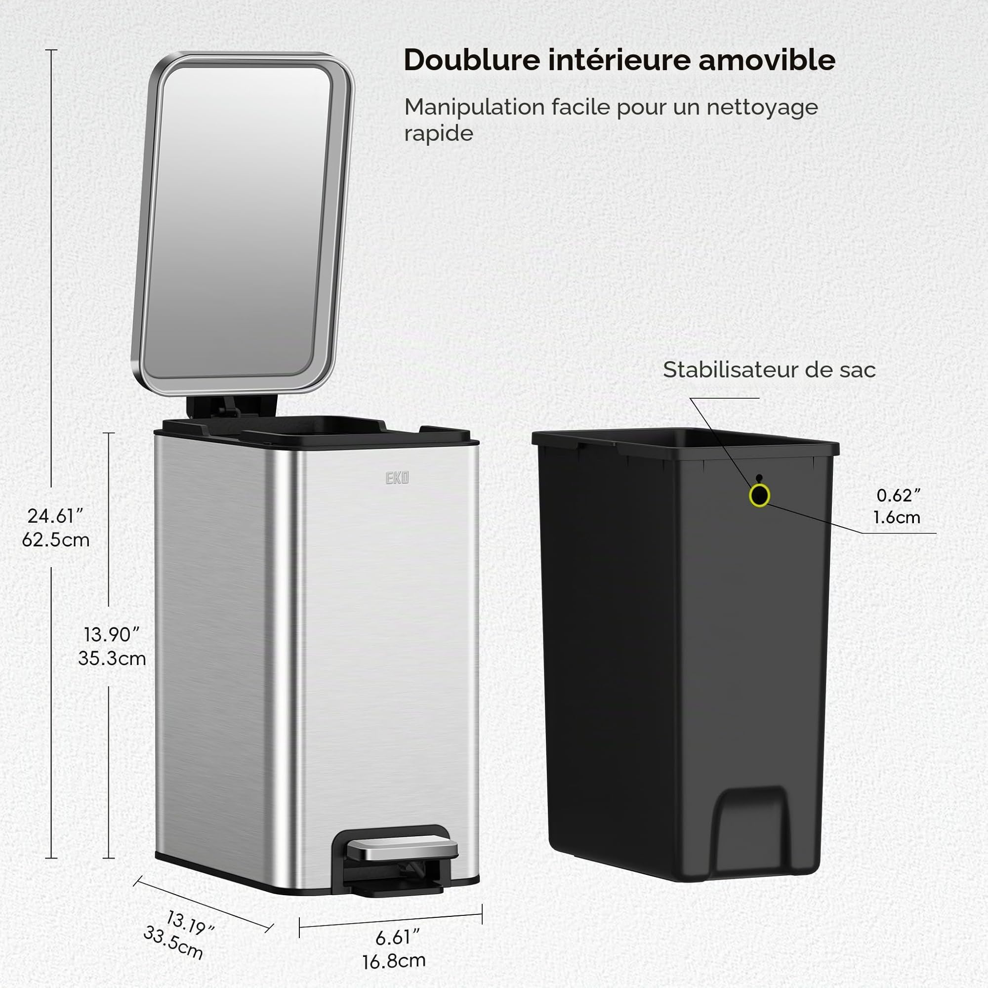 EKO Stella Poubelle fine à pédale en acier inoxydable résistant aux traces de doigts avec doublure intérieure amovible Argenté 10 l