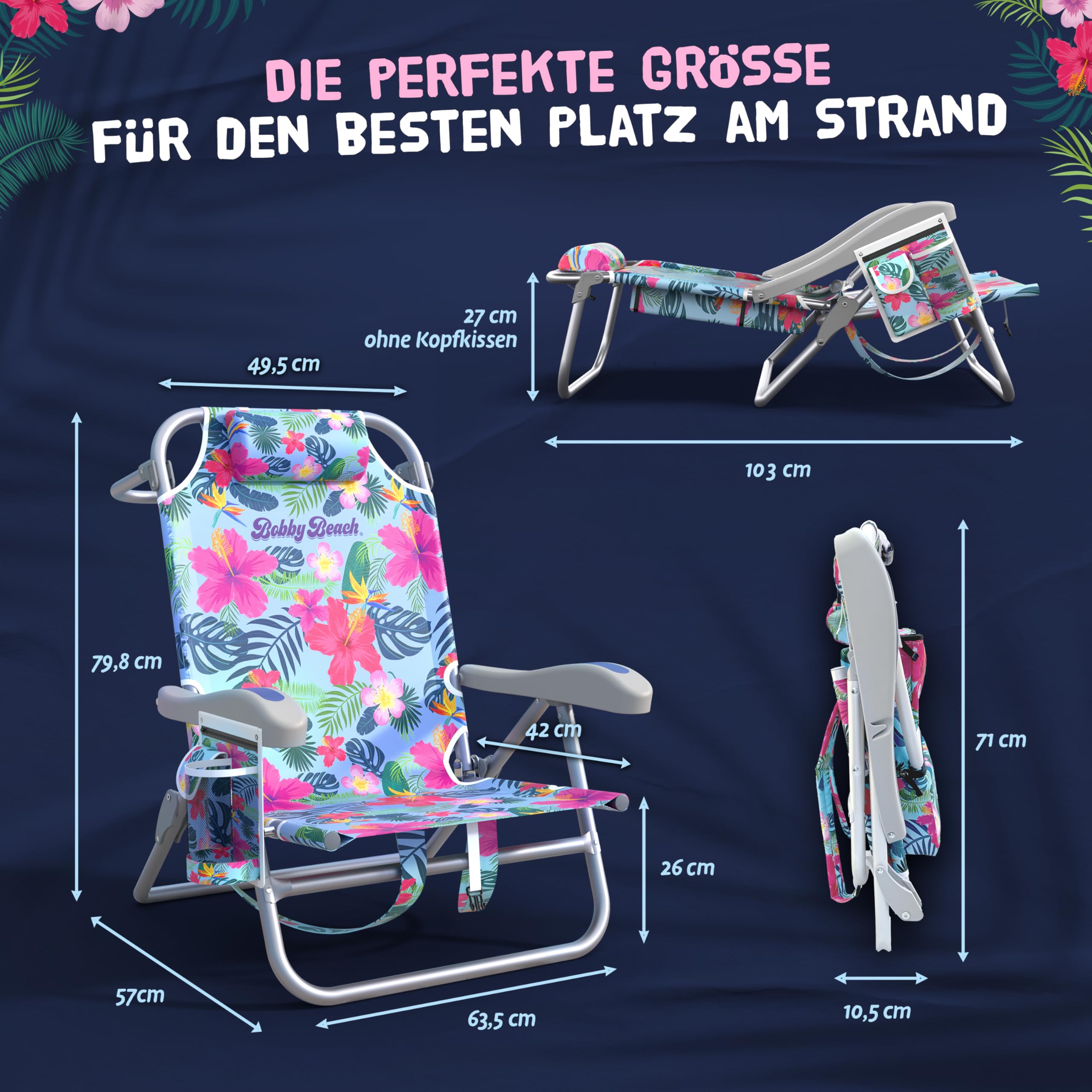 Bobby Beach Strandstuhl | Klappstuhl & Strandliege klappbar leicht als Rucksack zu tragen | Campingstuhl faltbar mit Getränkehalter & Taschen | Liege & Liegestuhl klappbar (Strandstuhl, Aqua Blue)